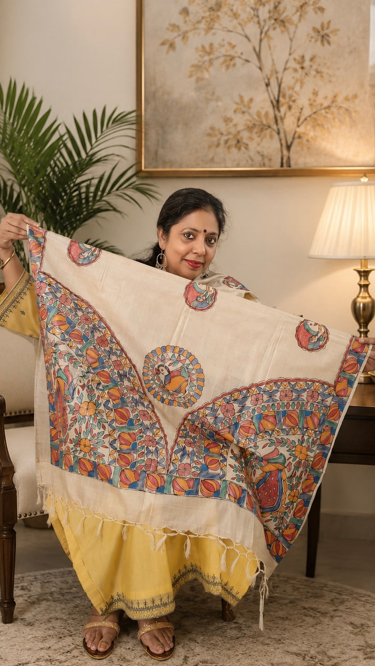 Natural Ivory Pure Tussar Silk Hand-Painted Madhubani Dupatta