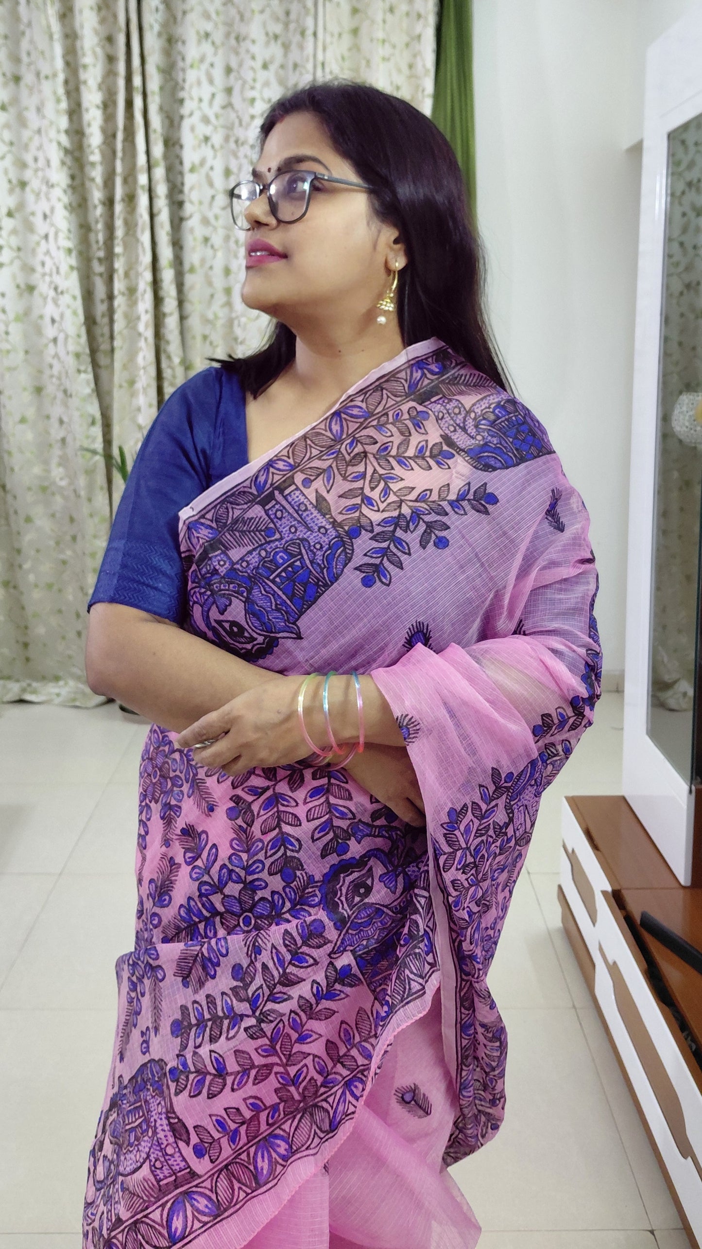 Blush Pink Gajraj Garden Madhubani Kota Doria Saree