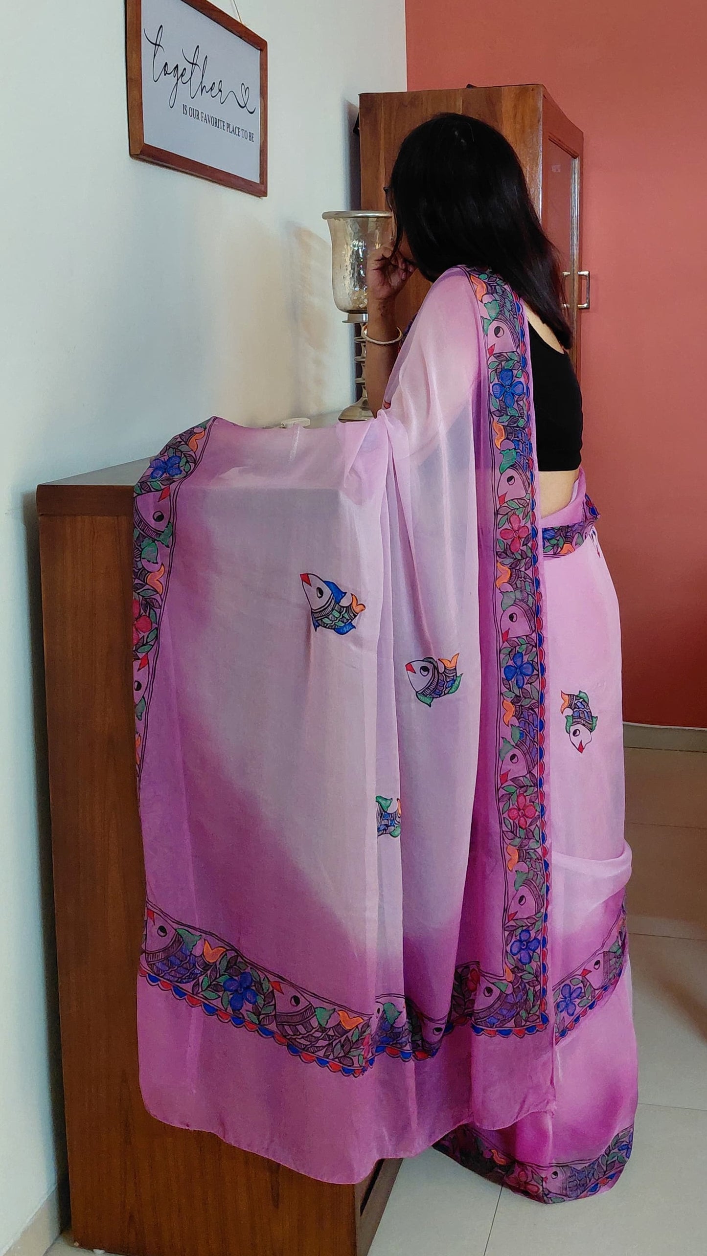 Orchid Pink Pure Chiffon Floral Fish Madhubani Hand-Painted Saree