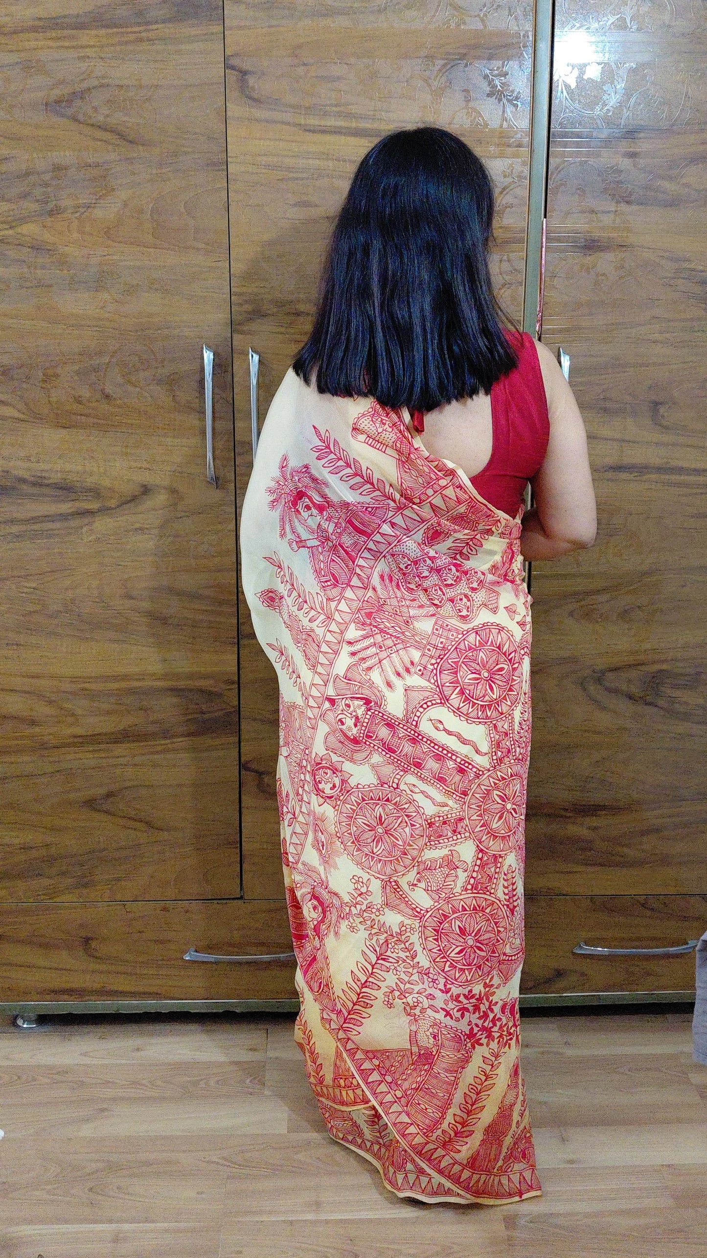 Soft Butter Yellow Pure Chiffon Kohbar Madhubani Hand-Painted Saree