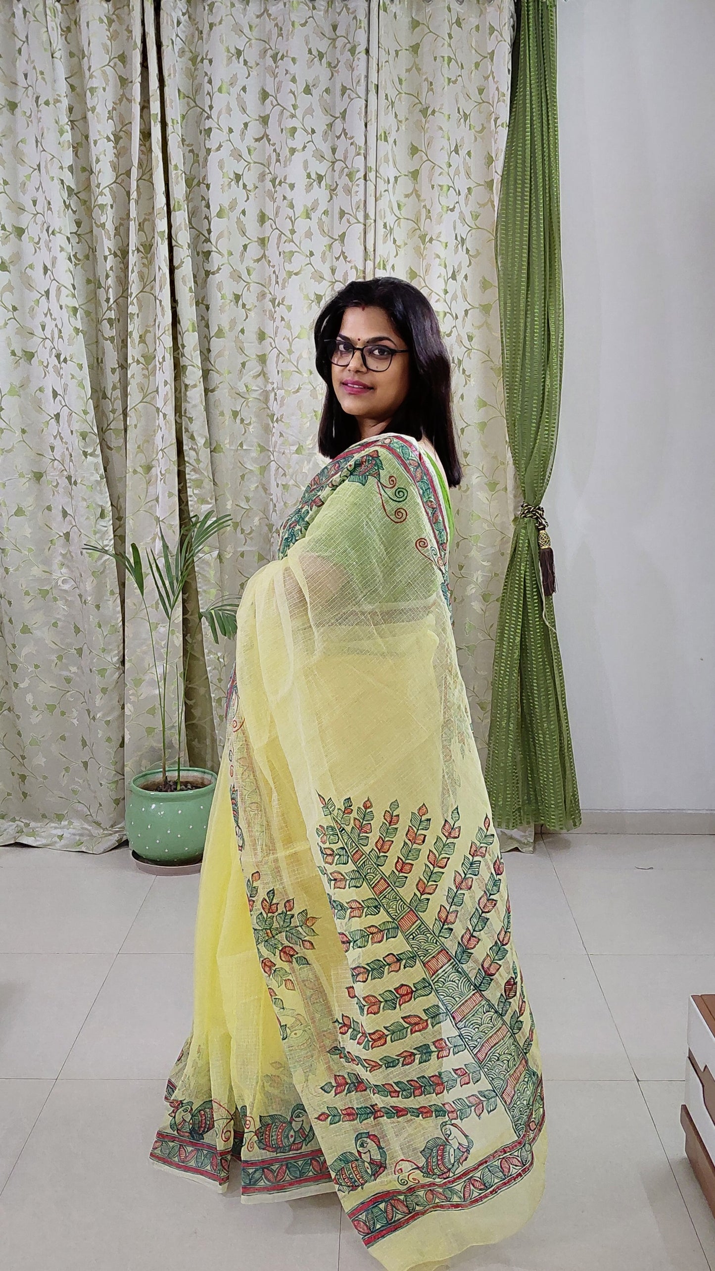 Lemon Yellow Tree of Life Madhubani Kota Doria Saree