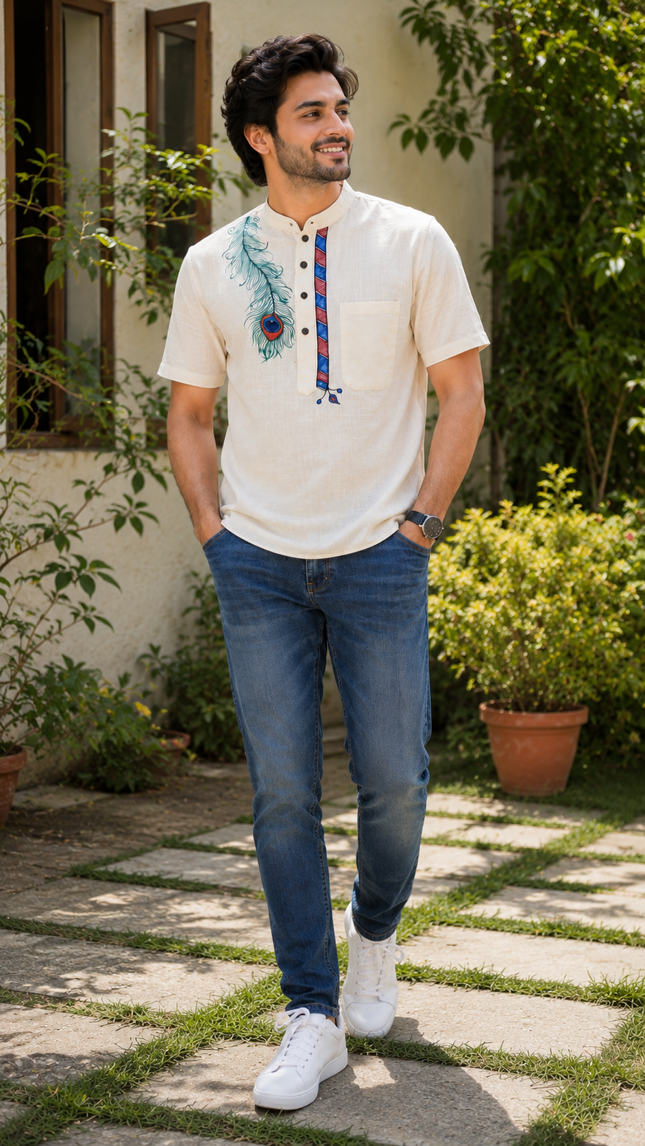 Hand-Painted Madhubani Art Men's Short Kurta • Cream • Linen-Cotton