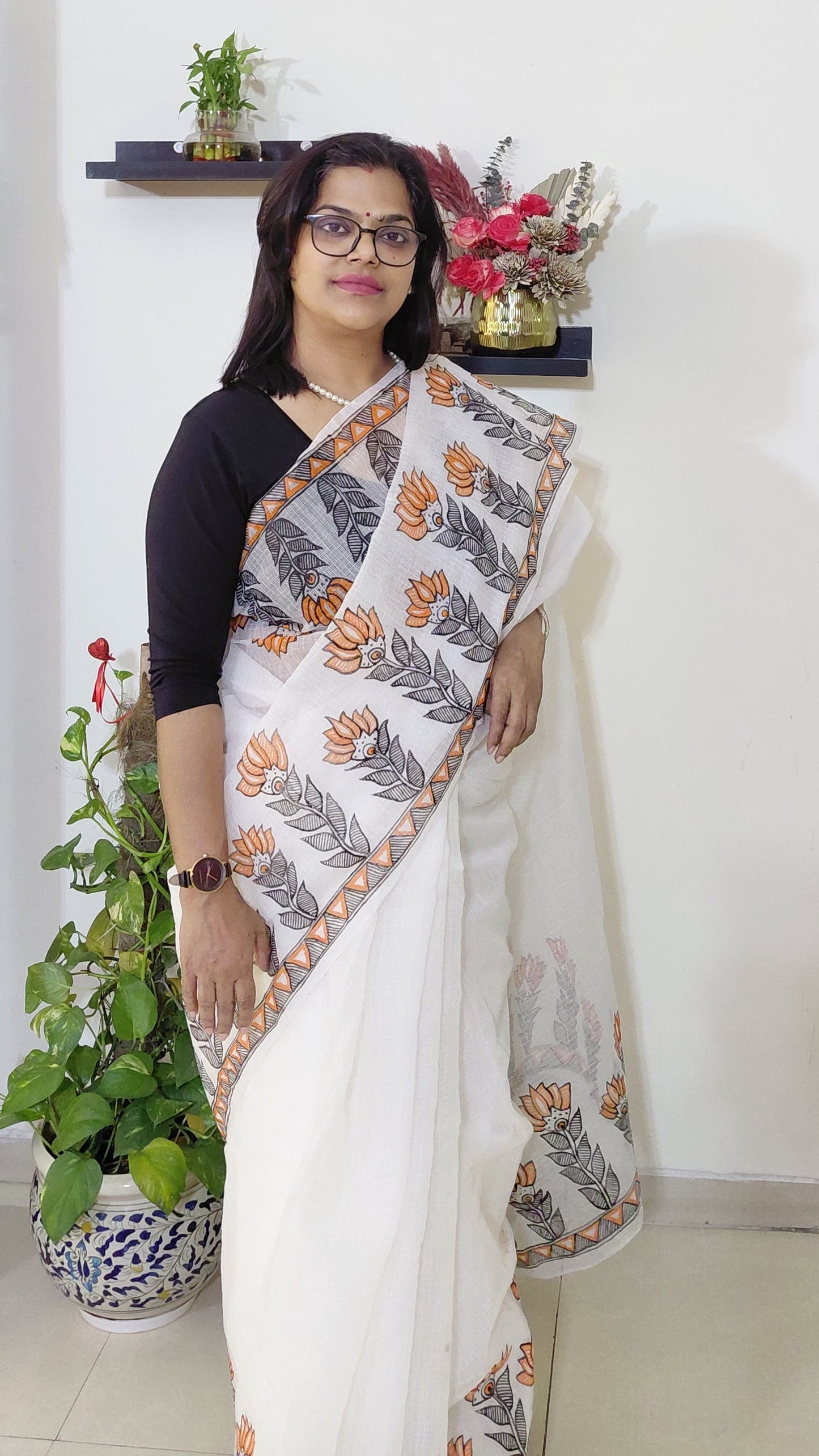 Ivory Lotus Bloom Madhubani Kota Doria Saree