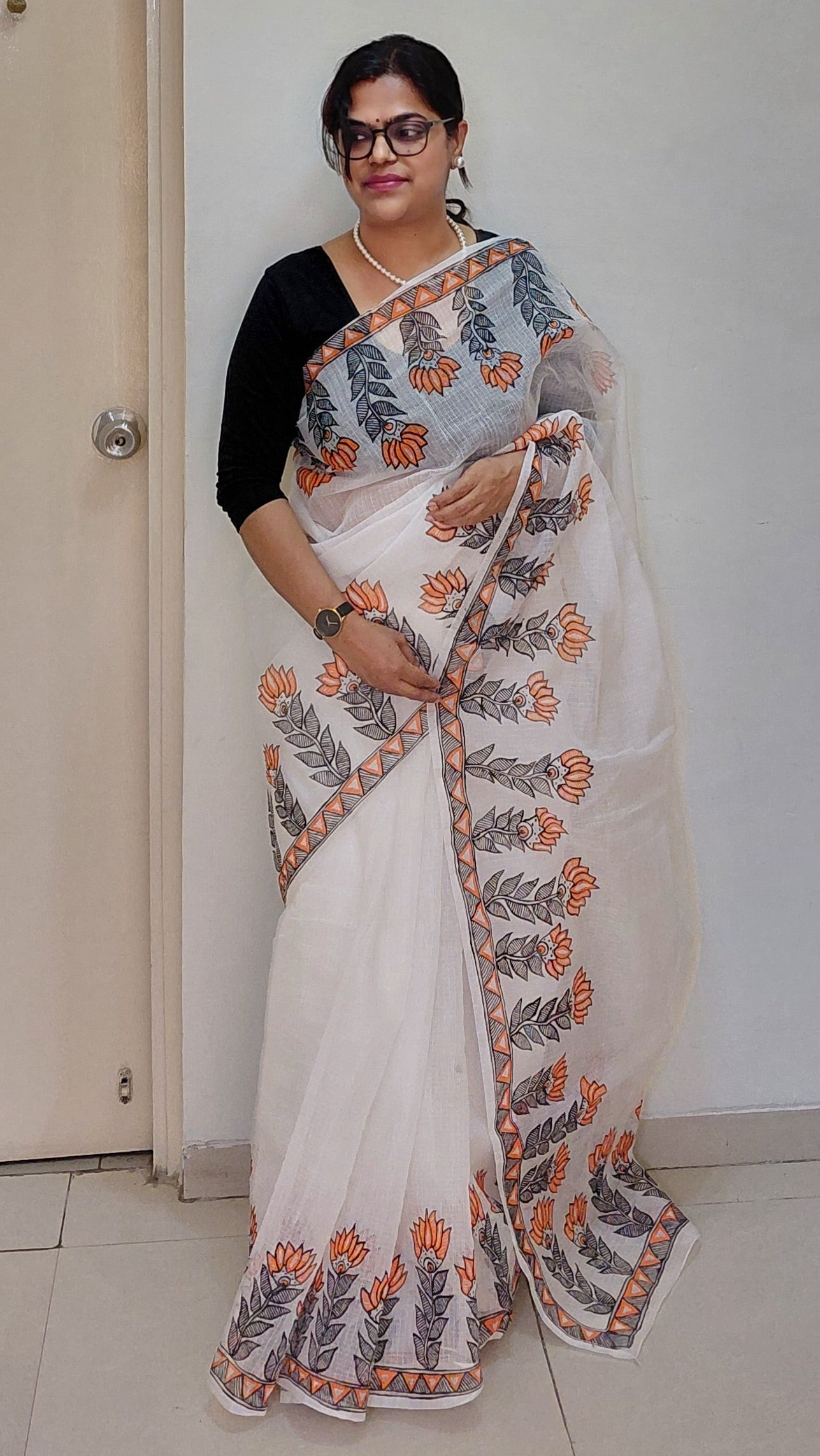 Ivory Lotus Bloom Madhubani Kota Doria Saree