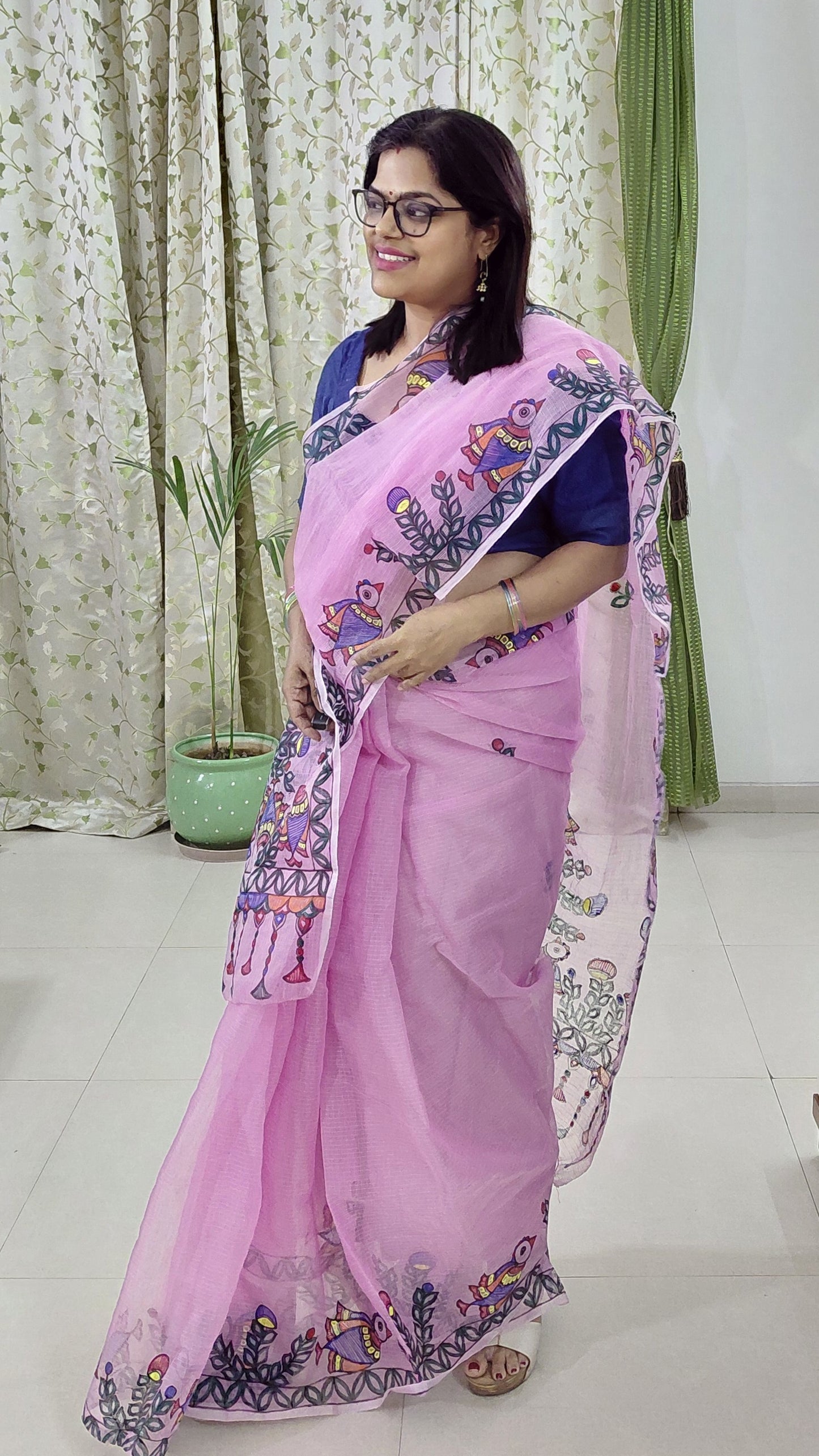 Orchid Pink Songbird Garden Madhubani Kota Doria Saree