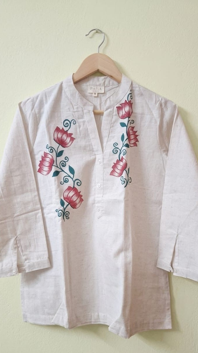 Ivory Pure Cotton Hand-Painted Madhubani Art Short Kurta