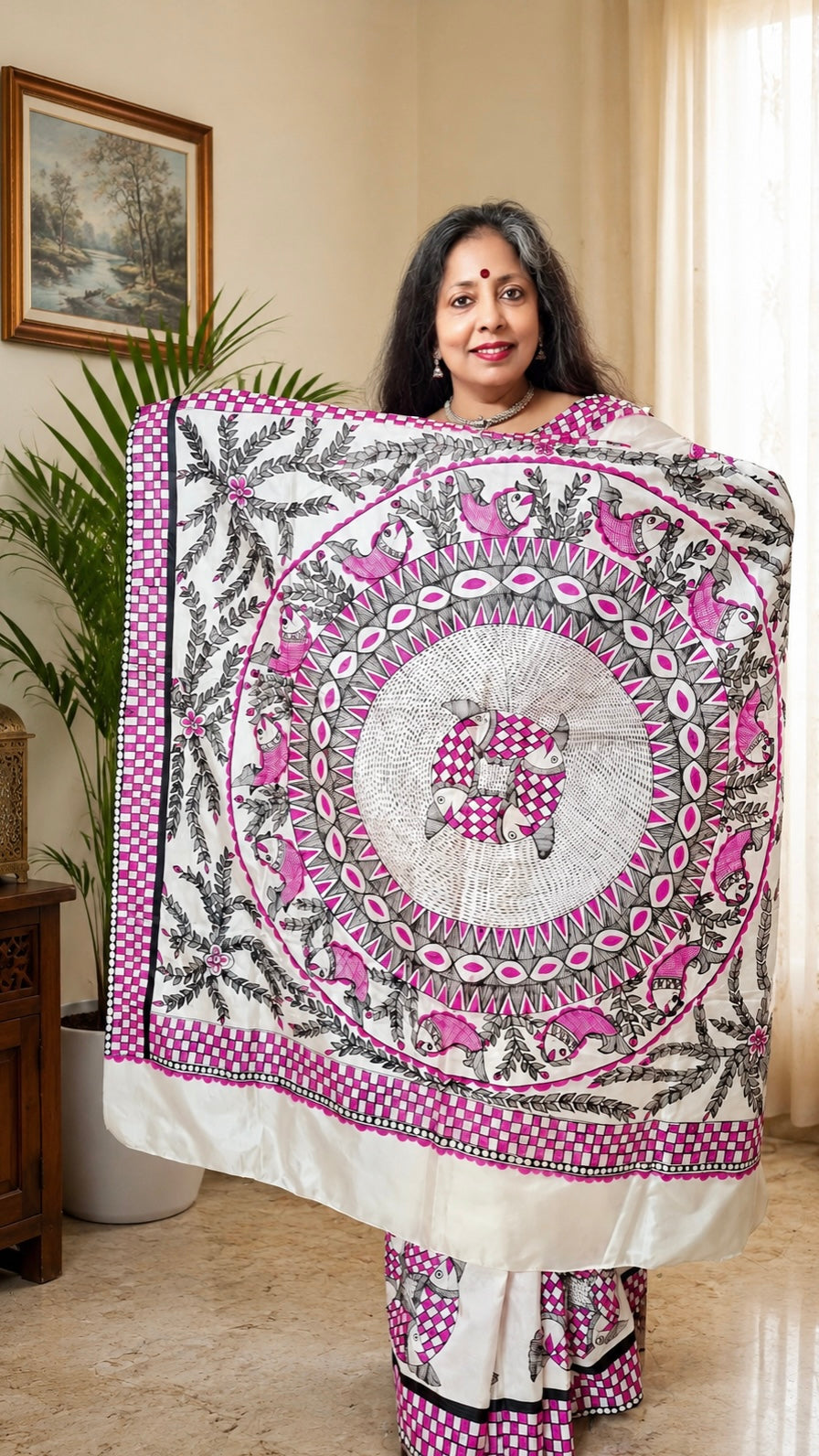 Off White Pure Silk Madhubani Saree | Heirloom Mithila Art | Rangika Studio