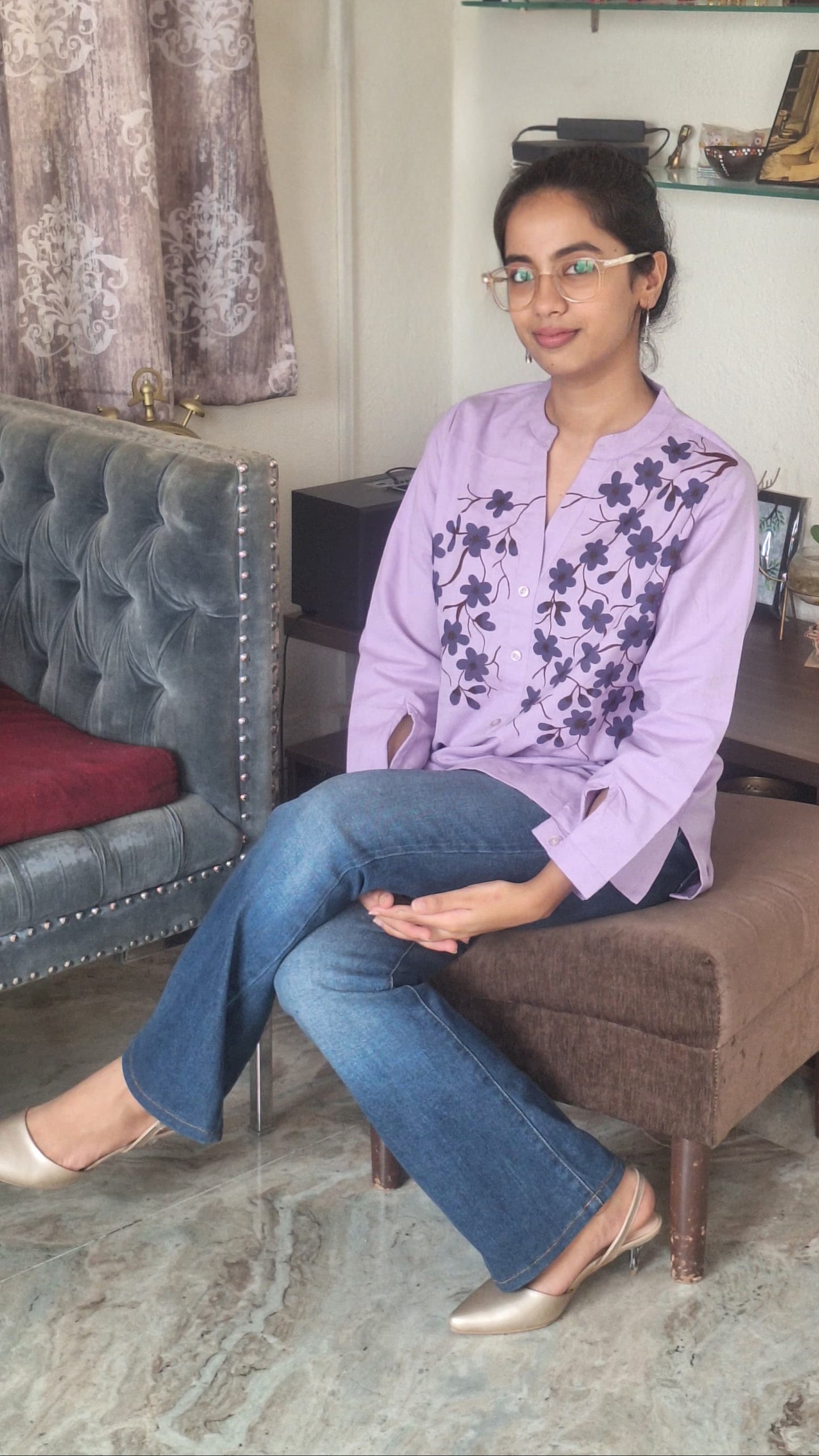 Lavender Pure Cotton Hand-Painted Madhubani Floral Short Kurta