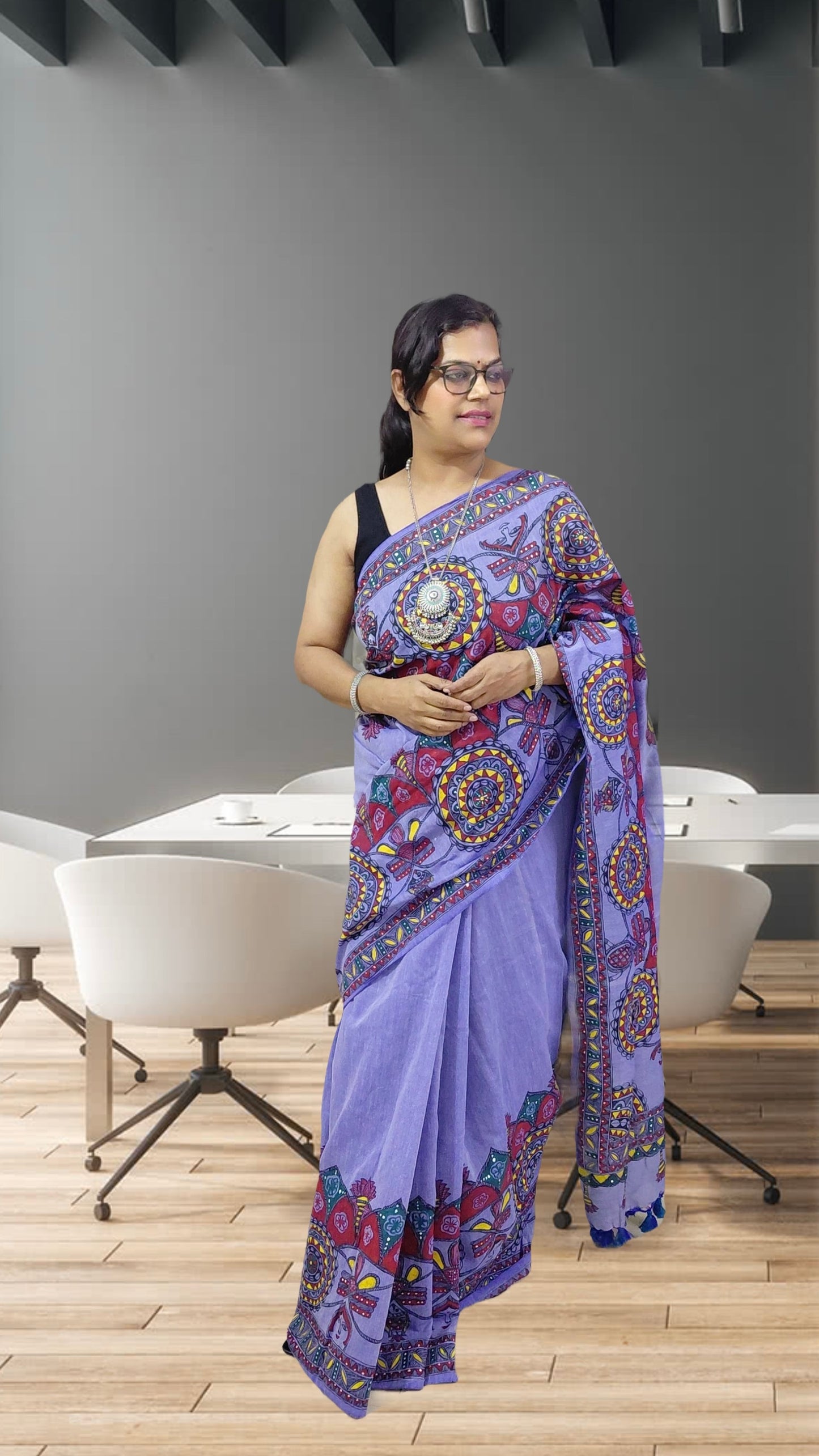 Lavender Khadi Cotton Madhubani Hand-Painted Saree – Mandala & Dragonfly