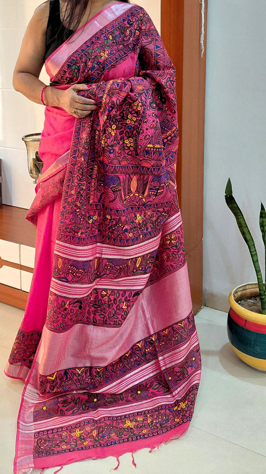 Pink Linen Cotton Saree - Floral motifs Motifs Hand Painted Madhubani Art