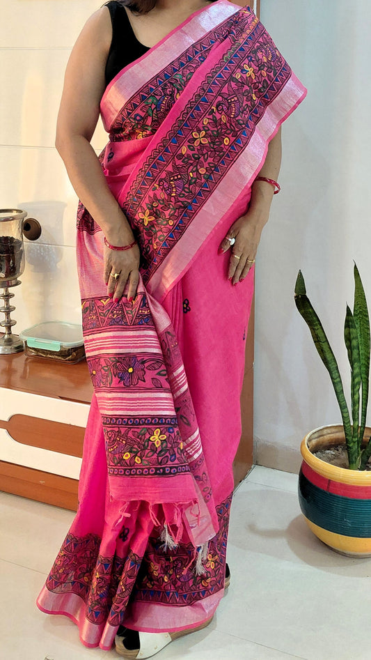Pink Linen Cotton Saree - Floral motifs Motifs Hand Painted Madhubani Art