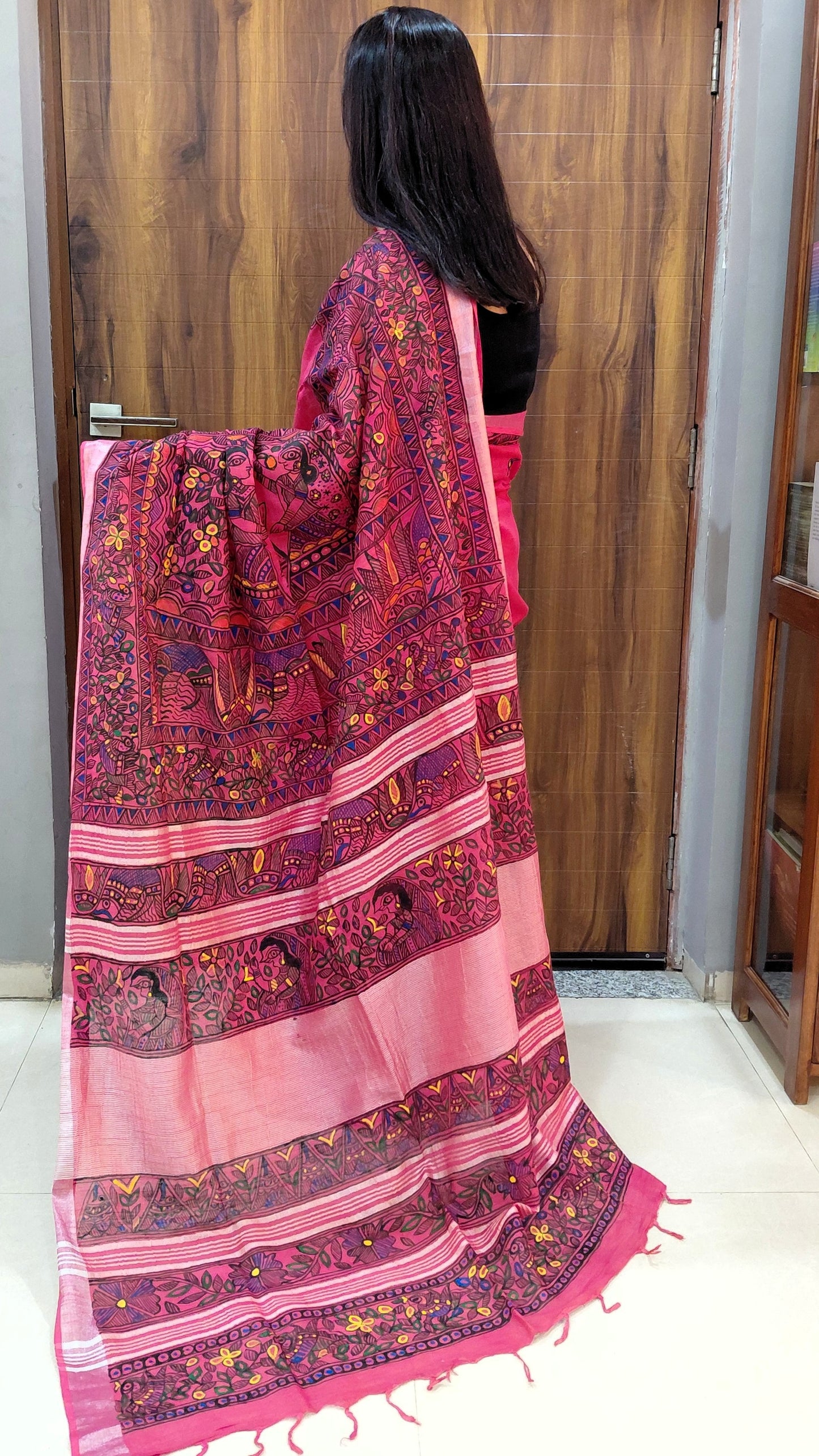 Pink Linen Cotton Saree - Floral motifs Motifs Hand Painted Madhubani Art
