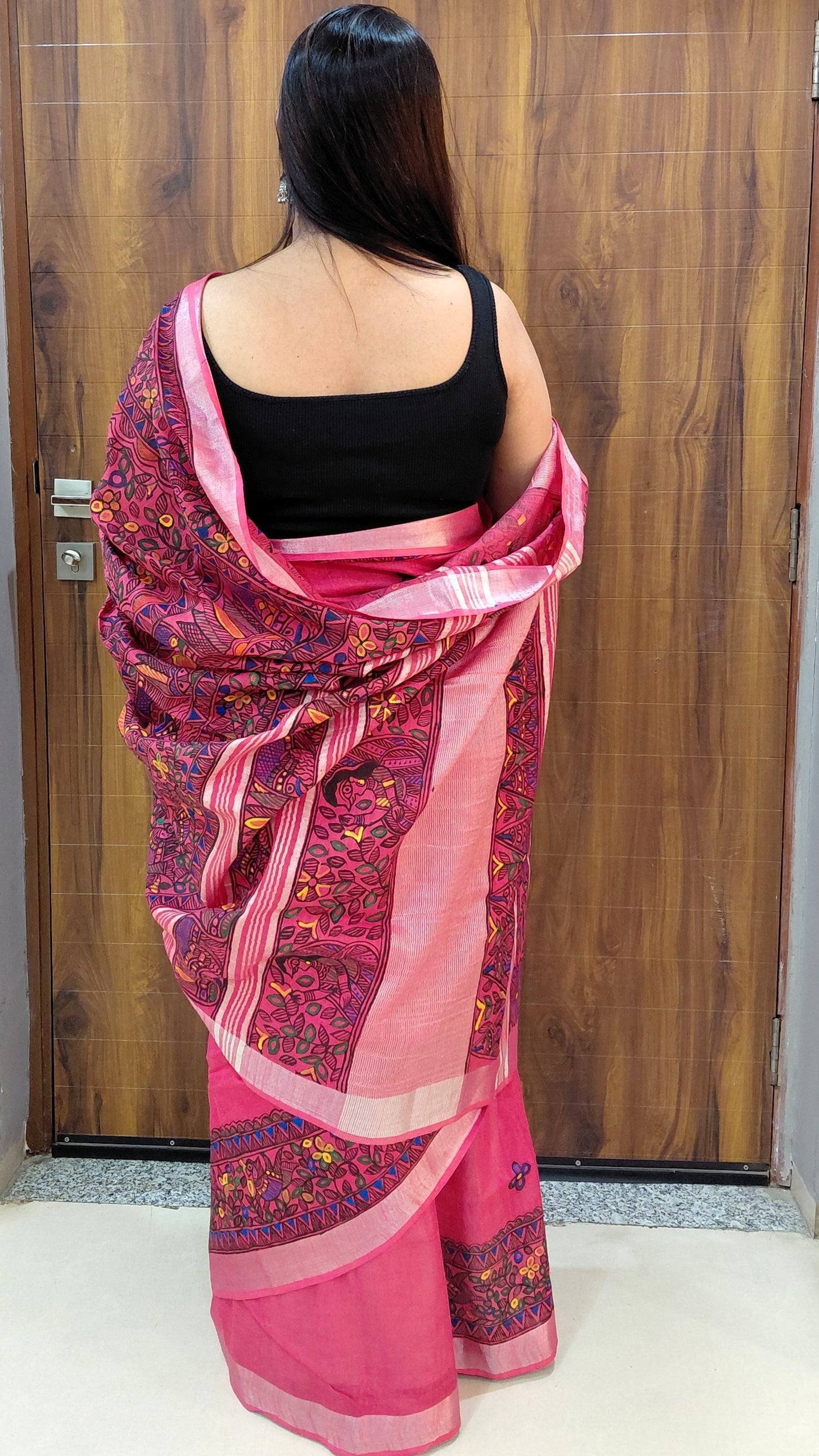 Pink Linen Cotton Saree - Floral motifs Motifs Hand Painted Madhubani Art