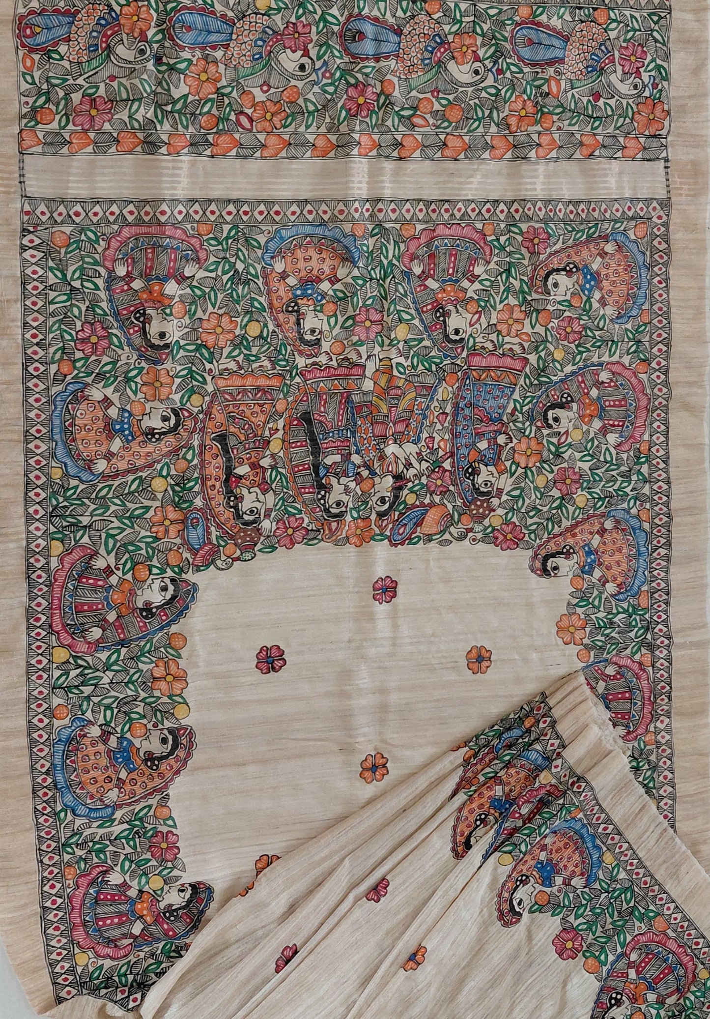 Kora Ghicha Tussar Saree with Blouse - Krishna RaasLila Theme Hand Painted Madhubani Art