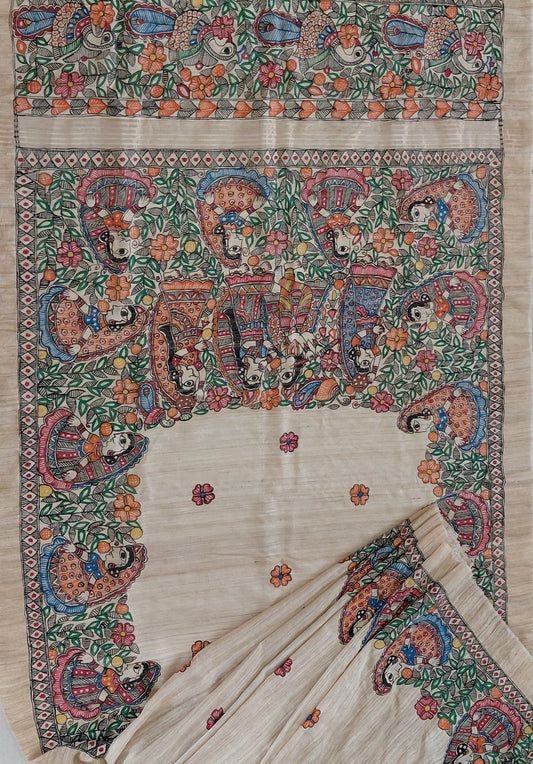 Kora Ghicha Tussar Saree with Blouse - Krishna RaasLila Theme Hand Painted Madhubani Art