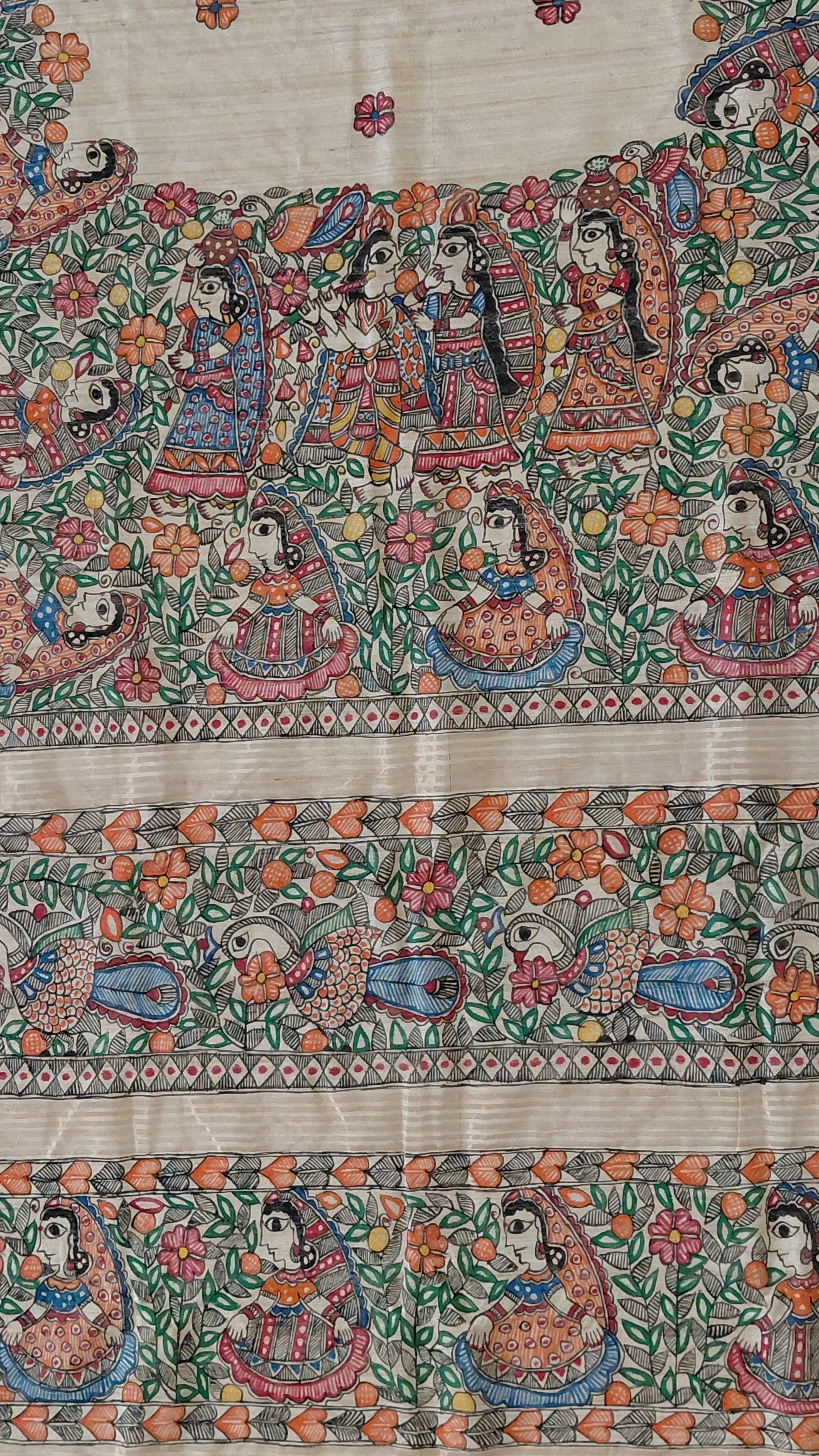 Kora Ghicha Tussar Saree with Blouse - Krishna RaasLila Theme Hand Painted Madhubani Art
