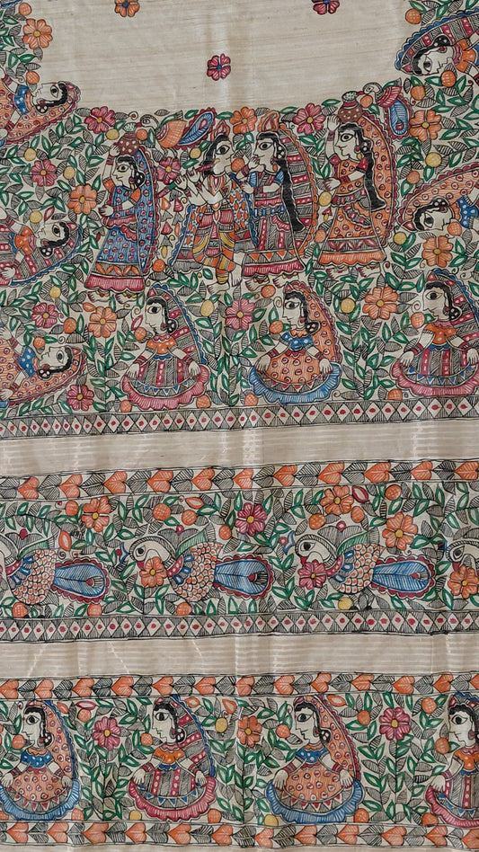 Kora Ghicha Tussar Saree with Blouse - Krishna RaasLila Theme Hand Painted Madhubani Art