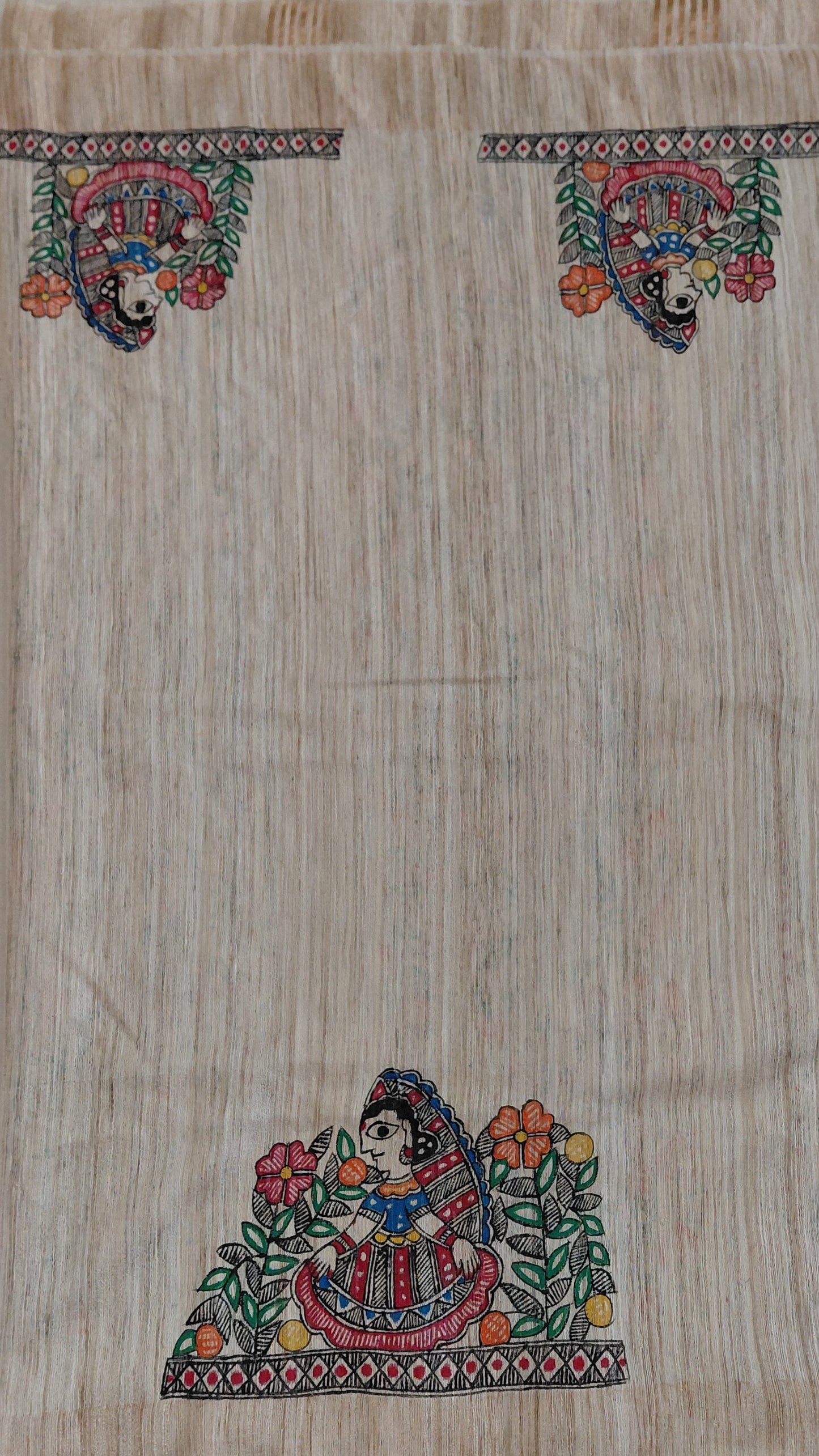 Kora Ghicha Tussar Saree with Blouse - Krishna RaasLila Theme Hand Painted Madhubani Art