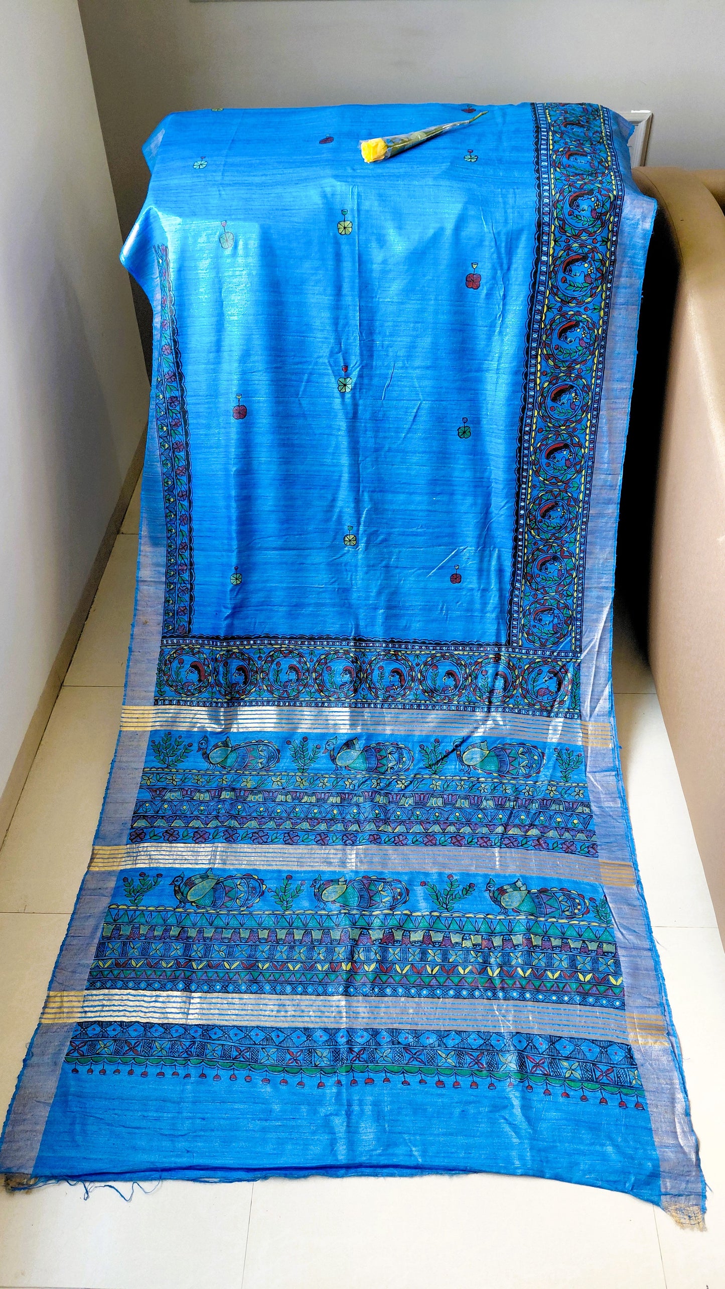 Electric Blue Tussar Silk Saree with Blouse - Peacock & Floral Motif Hand Painted Madhubani Art