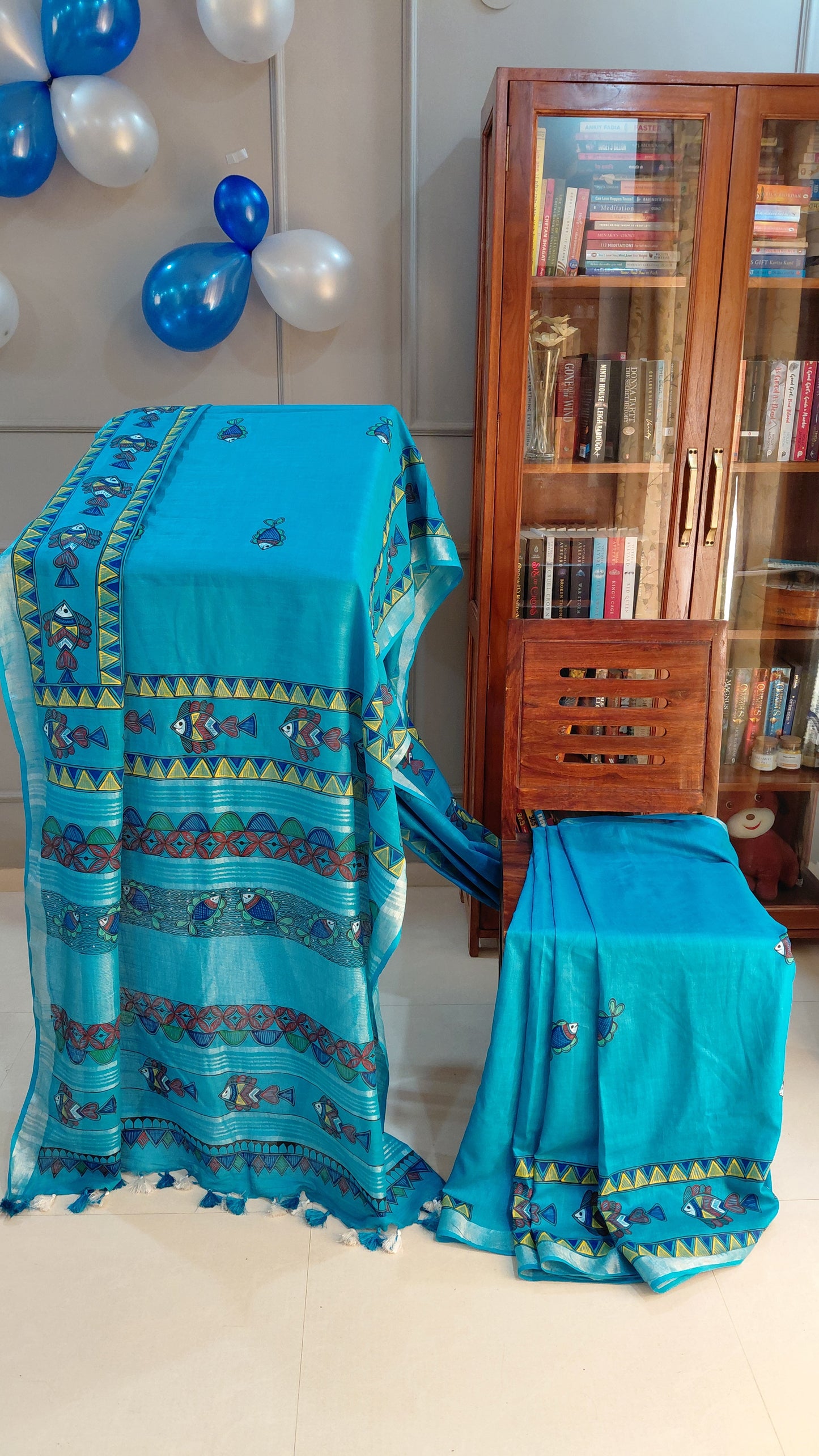 Light Blue Linen Saree with Bouse - HandPainted Madhubani Art Fish & Floral motif