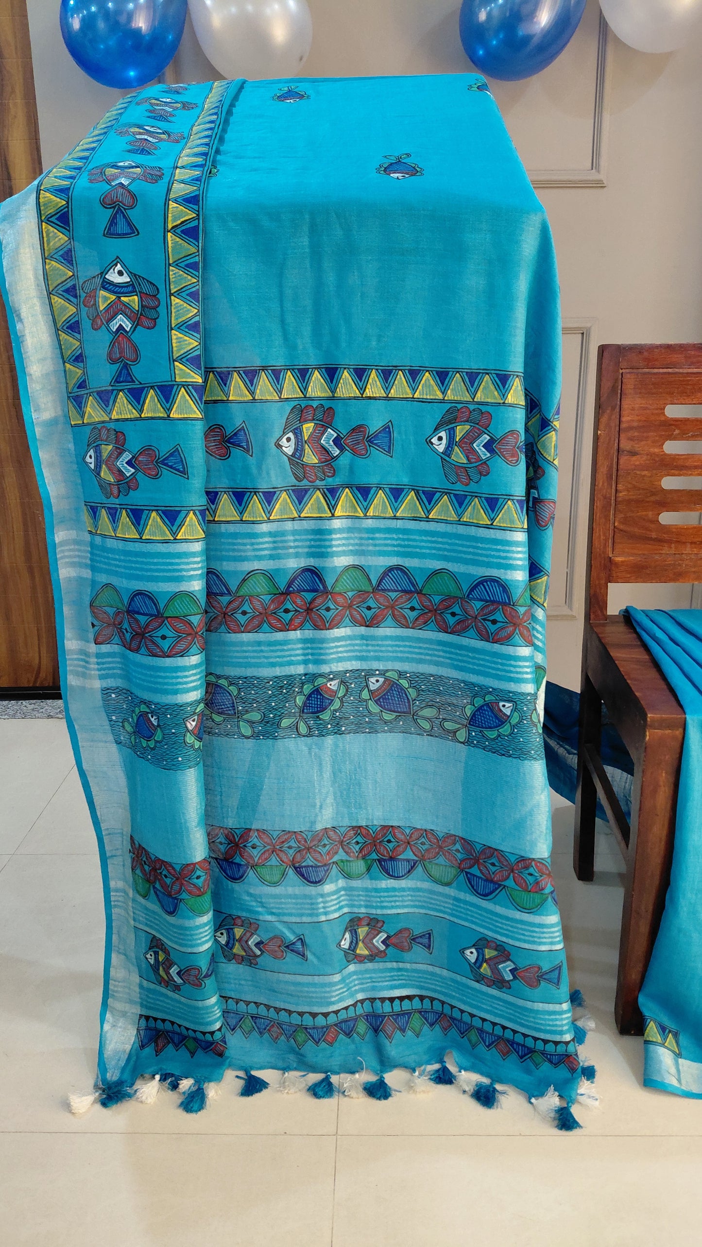 Light Blue Linen Saree with Bouse - HandPainted Madhubani Art Fish & Floral motif