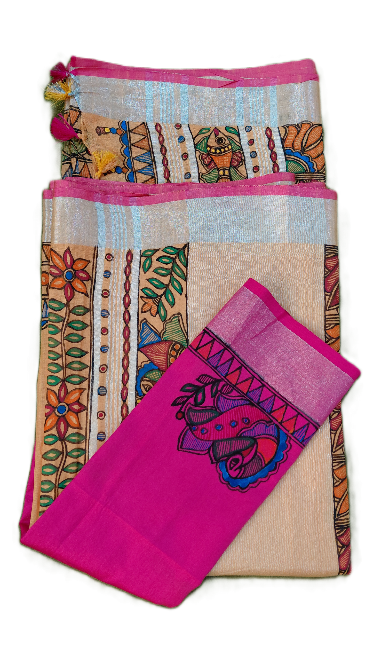 Light Orange Linen Cotton Saree with Pink Blouse - Peacock & Fish Motifs Hand Painted Madhubani Art