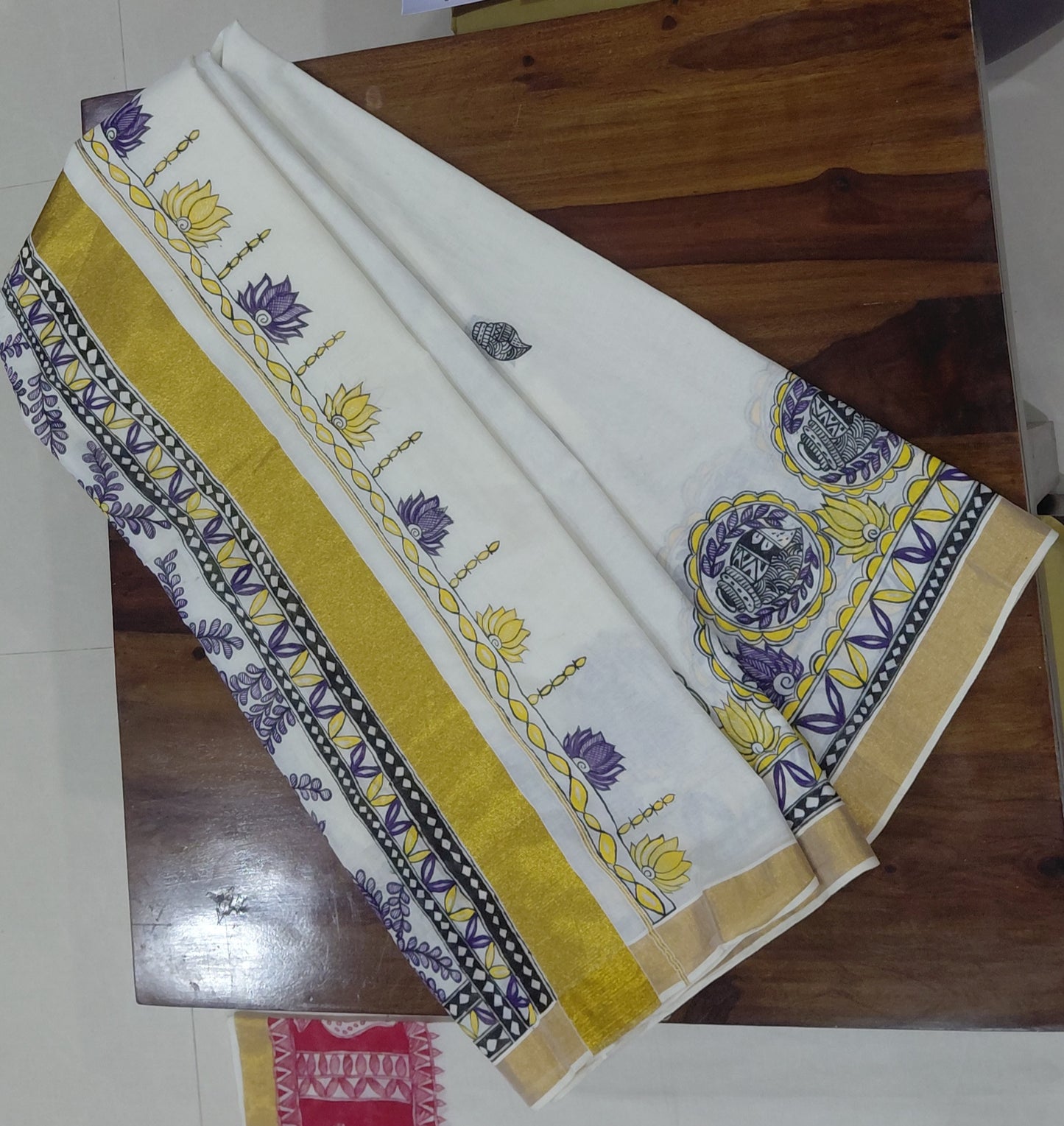 🪙 Ivory Kasavu Cotton Madhubani Saree | Rangika Studio