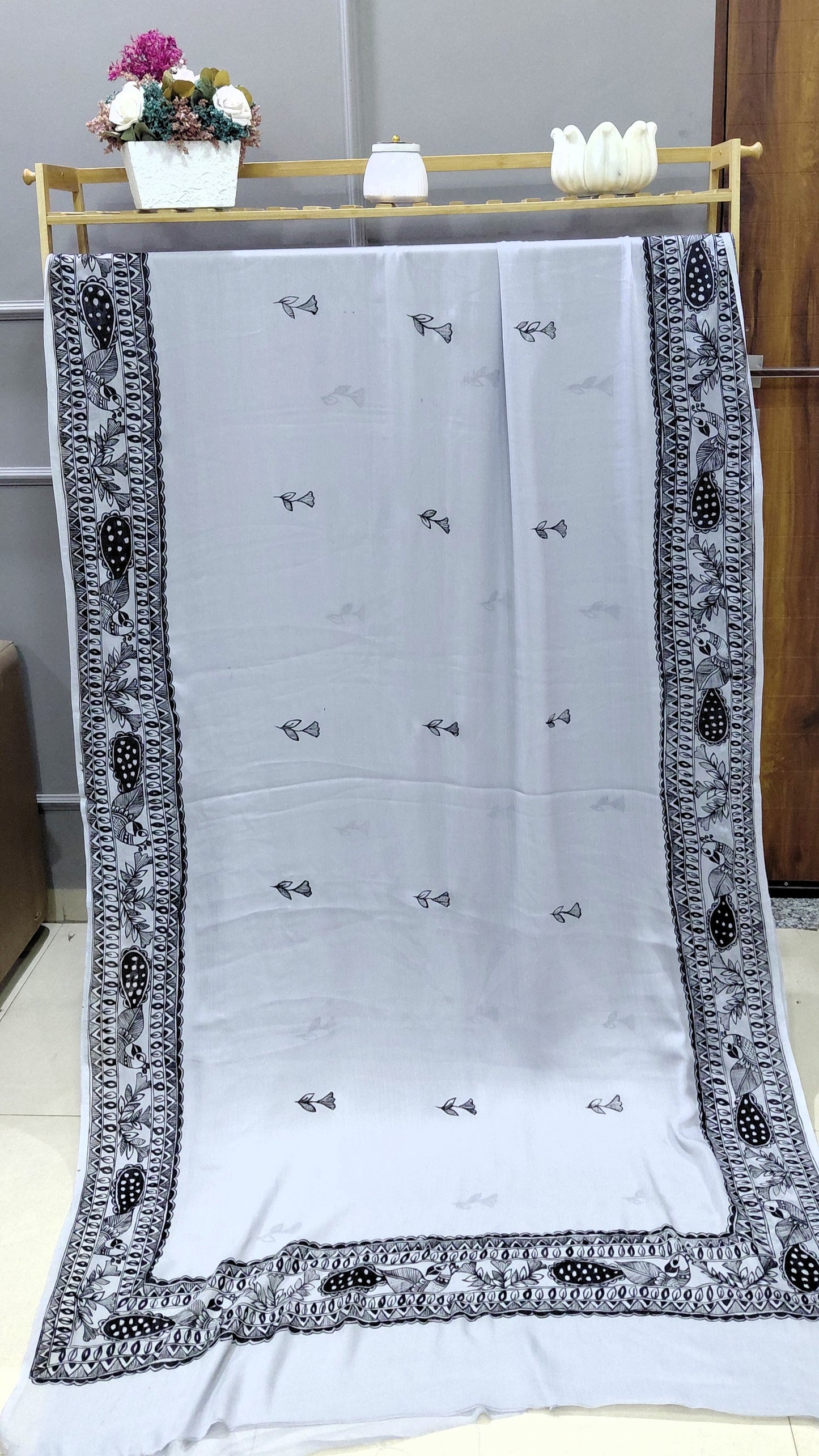 Grey Metallic Chiffon Madhubani Saree | Rangika Studio