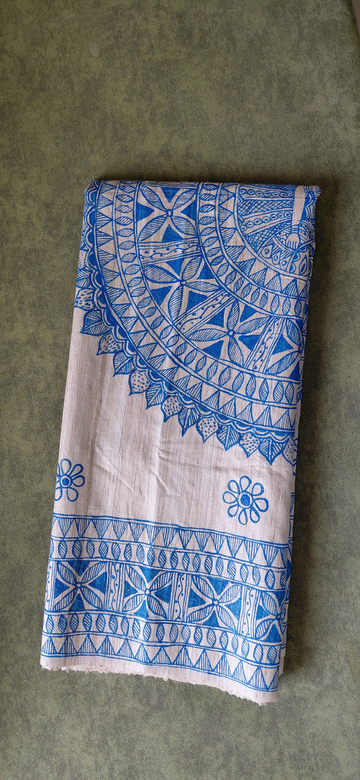 Natural Tussar Ghicha Silk Saree with Monochrome Blue Madhubani Hand Painting