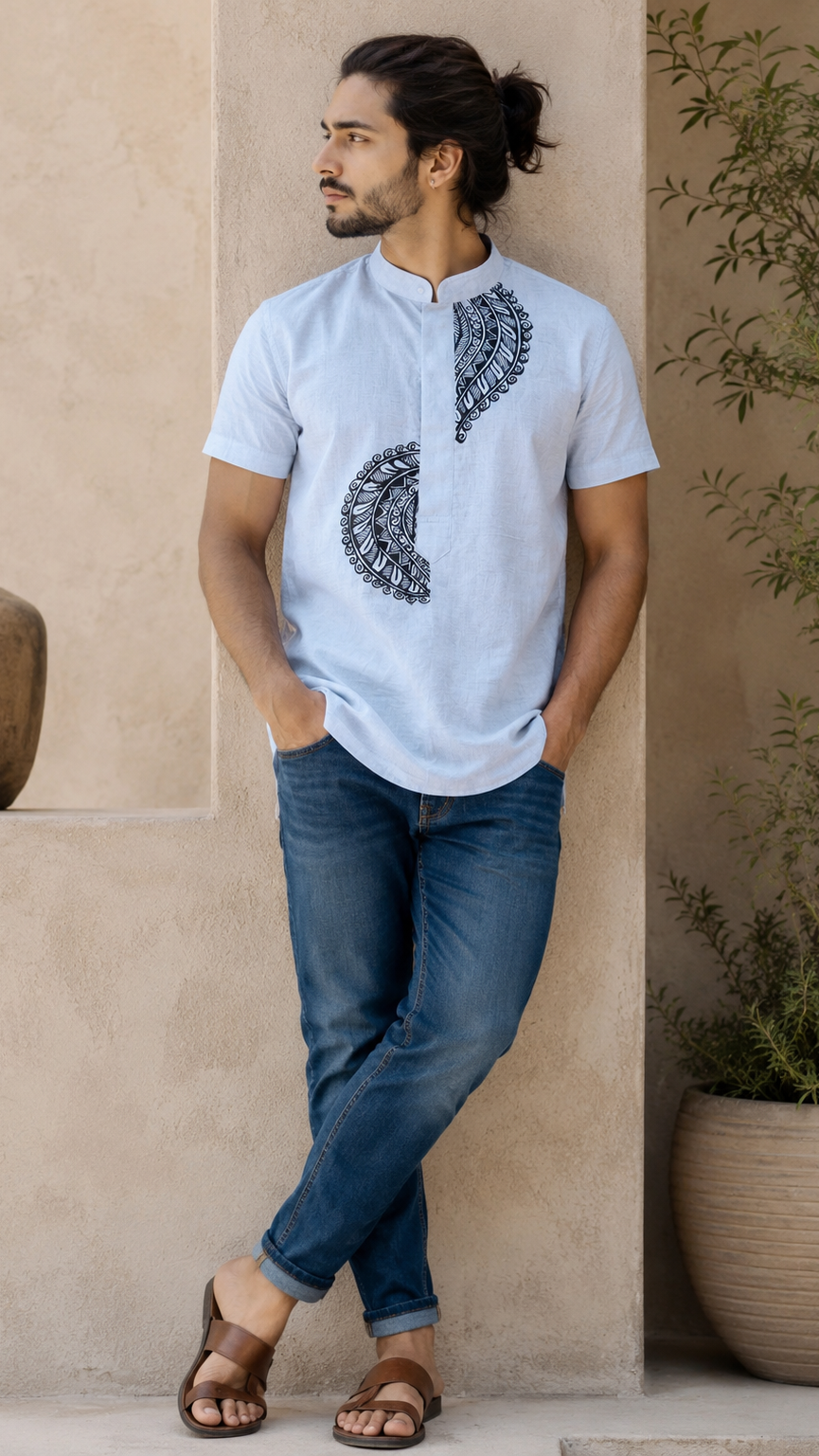 Hand-Painted Madhubani Art Men's Short Kurta • White • Linen-Cotton