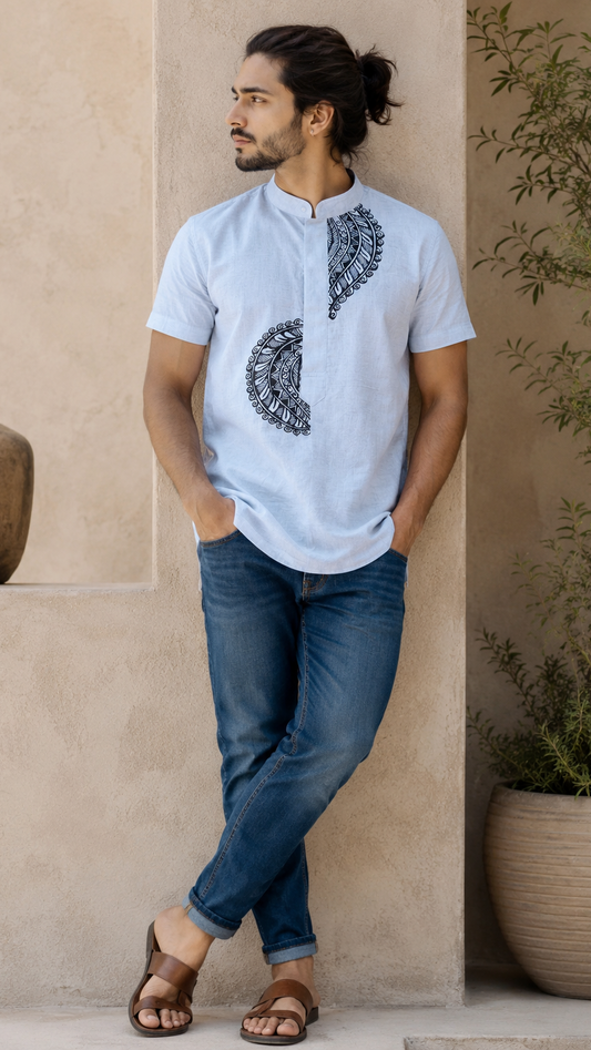 Hand-Painted Madhubani Art Men's Short Kurta • White • Linen-Cotton