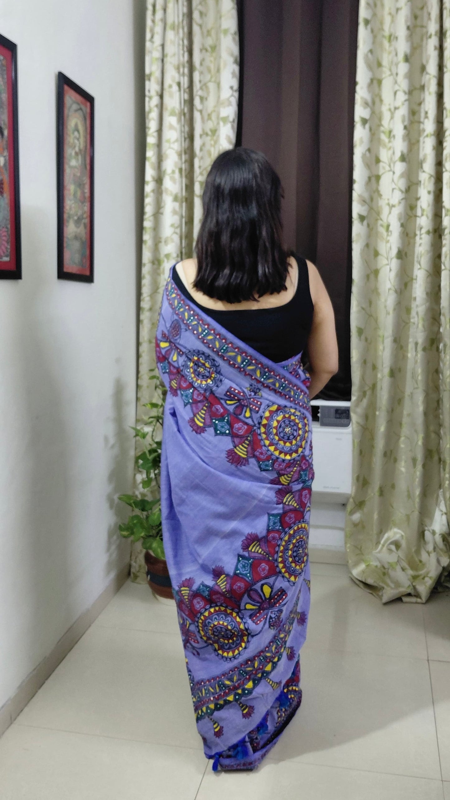 Lavender Khadi Cotton Madhubani Hand-Painted Saree – Mandala & Dragonfly