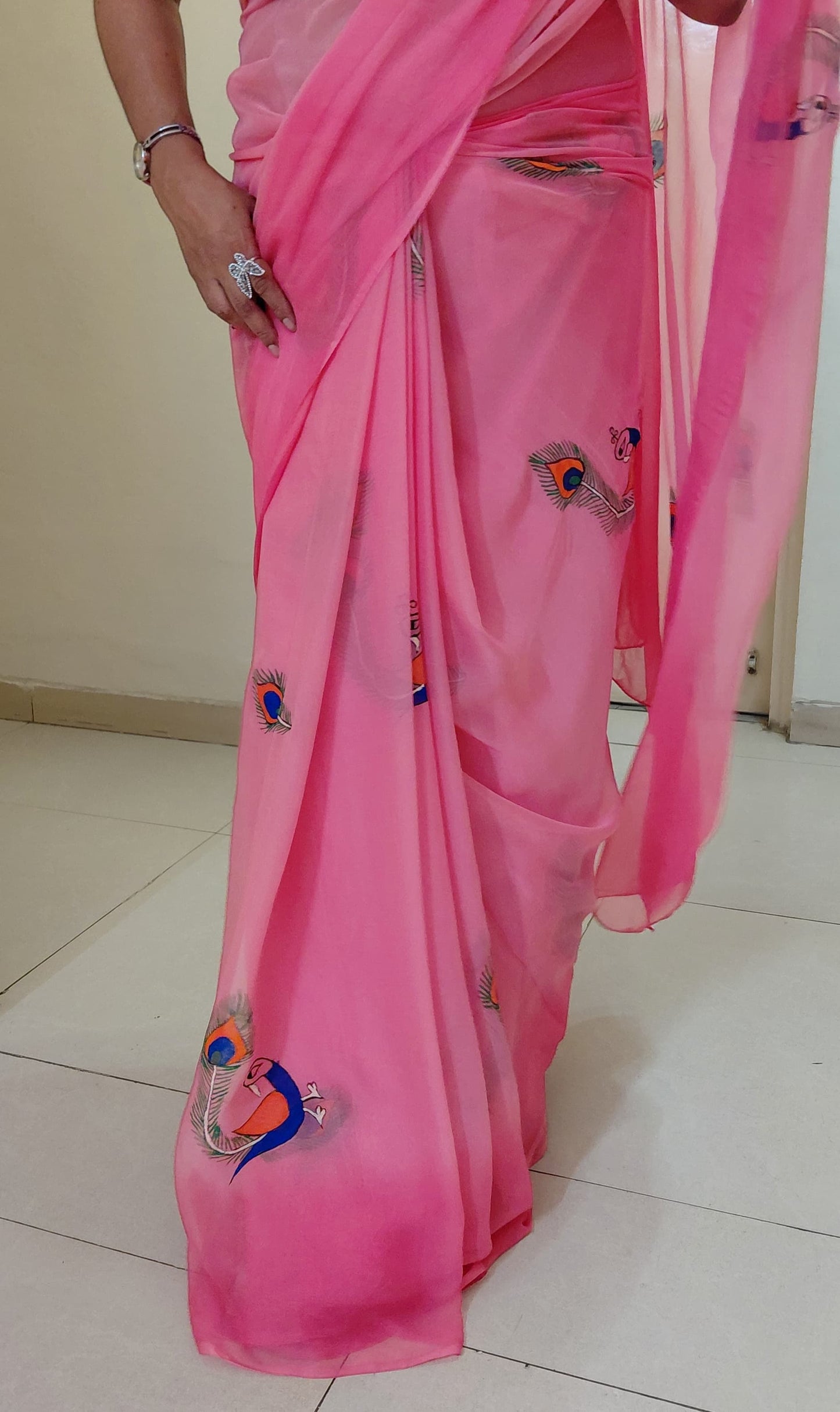 Candy Pink Pure Chiffon Silk Hand-Painted Madhubani Peacock Saree