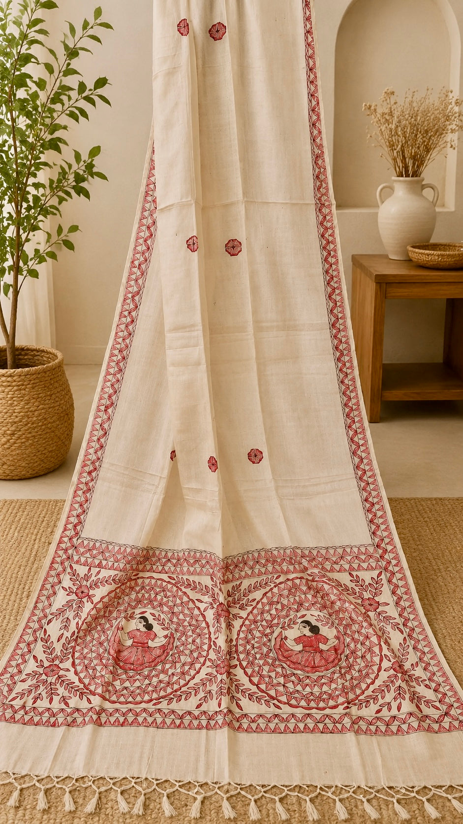 Natural Ivory Pure Tussar Silk Hand-Painted Madhubani Dupatta – Red & Black Edition