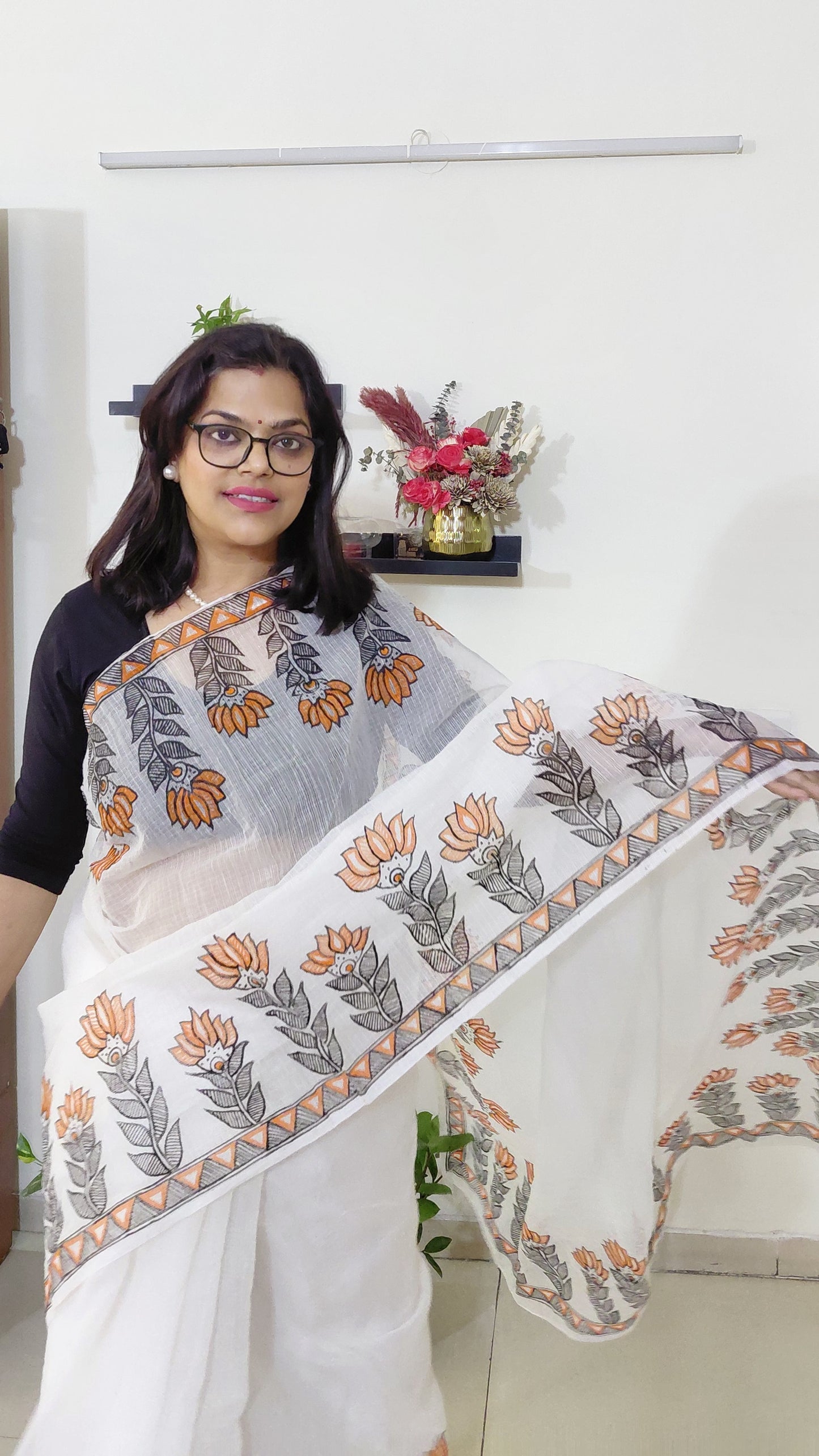 Ivory Lotus Bloom Madhubani Kota Doria Saree