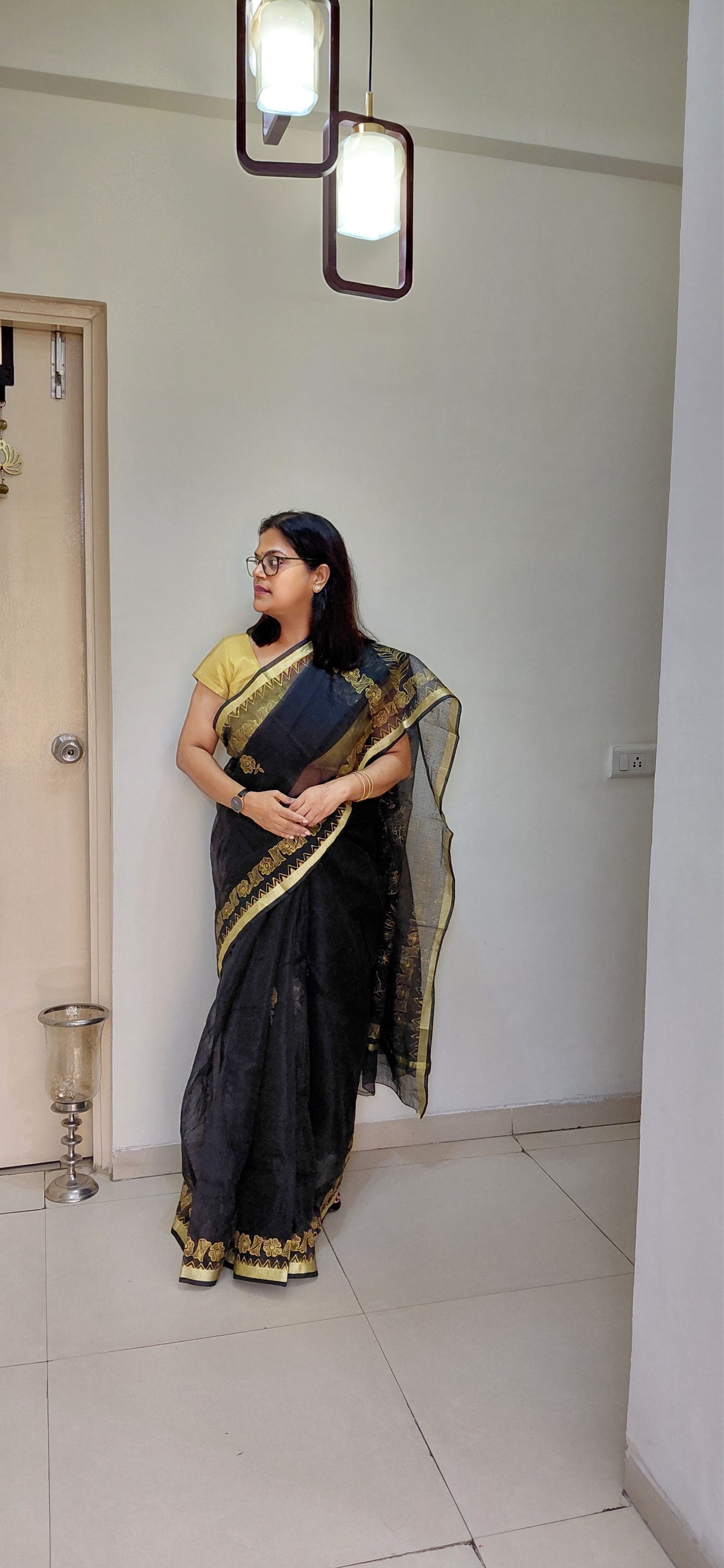 Black Radha Krishna Madhubani Kota Doria Saree
