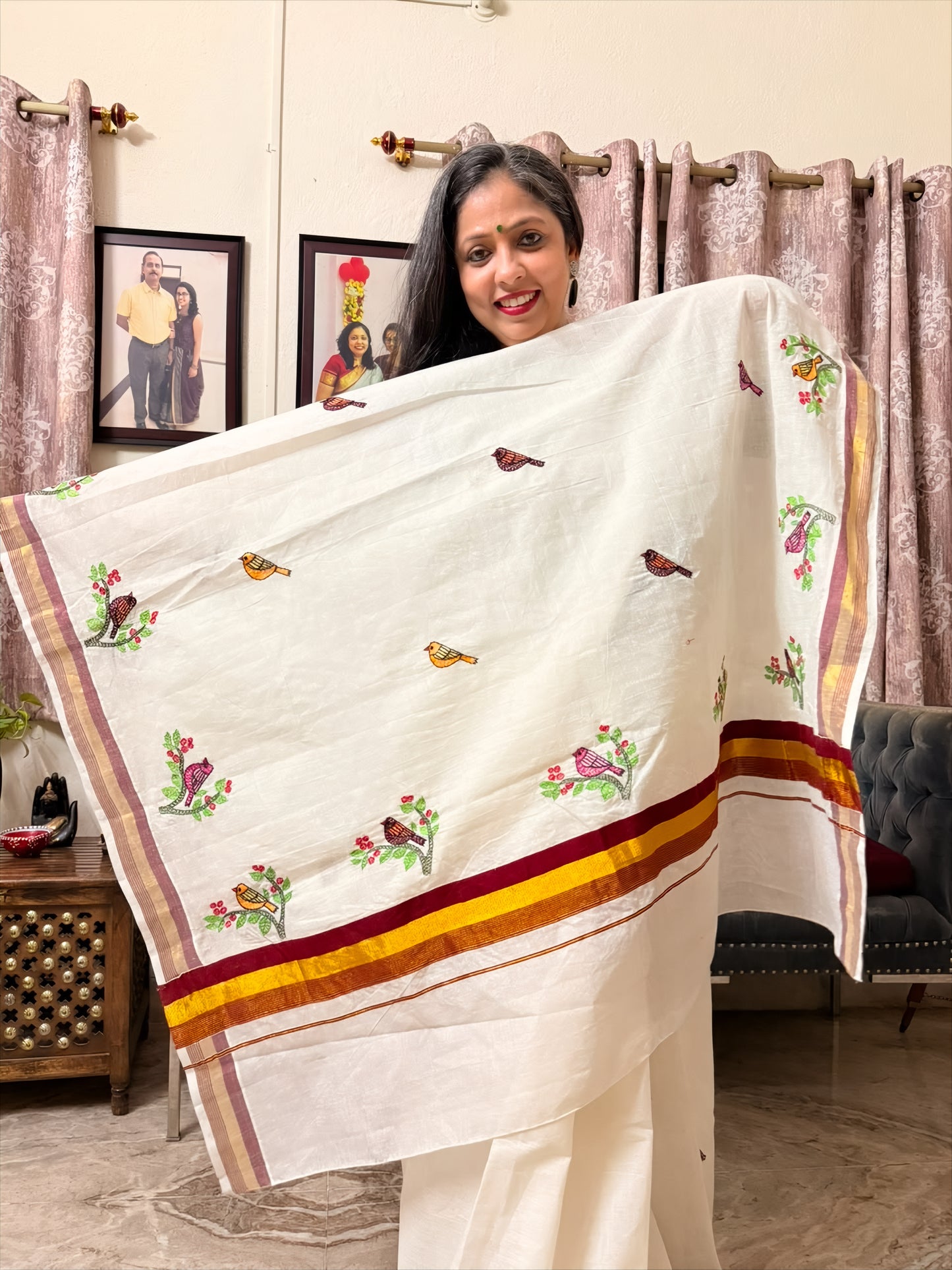 Sujni Art Embroidered Birds Kerala Cotton Saree | Rangika Studio