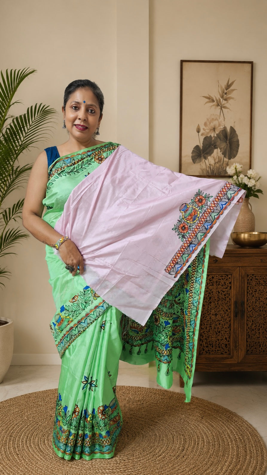 Mint Green Pure Silk Madhubani Saree | Rangika Studio