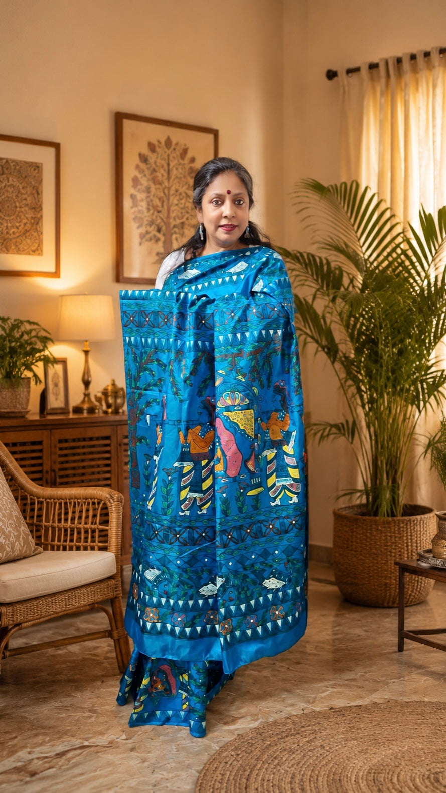 💠Turquoise Blue Pure Silk Madhubani Saree