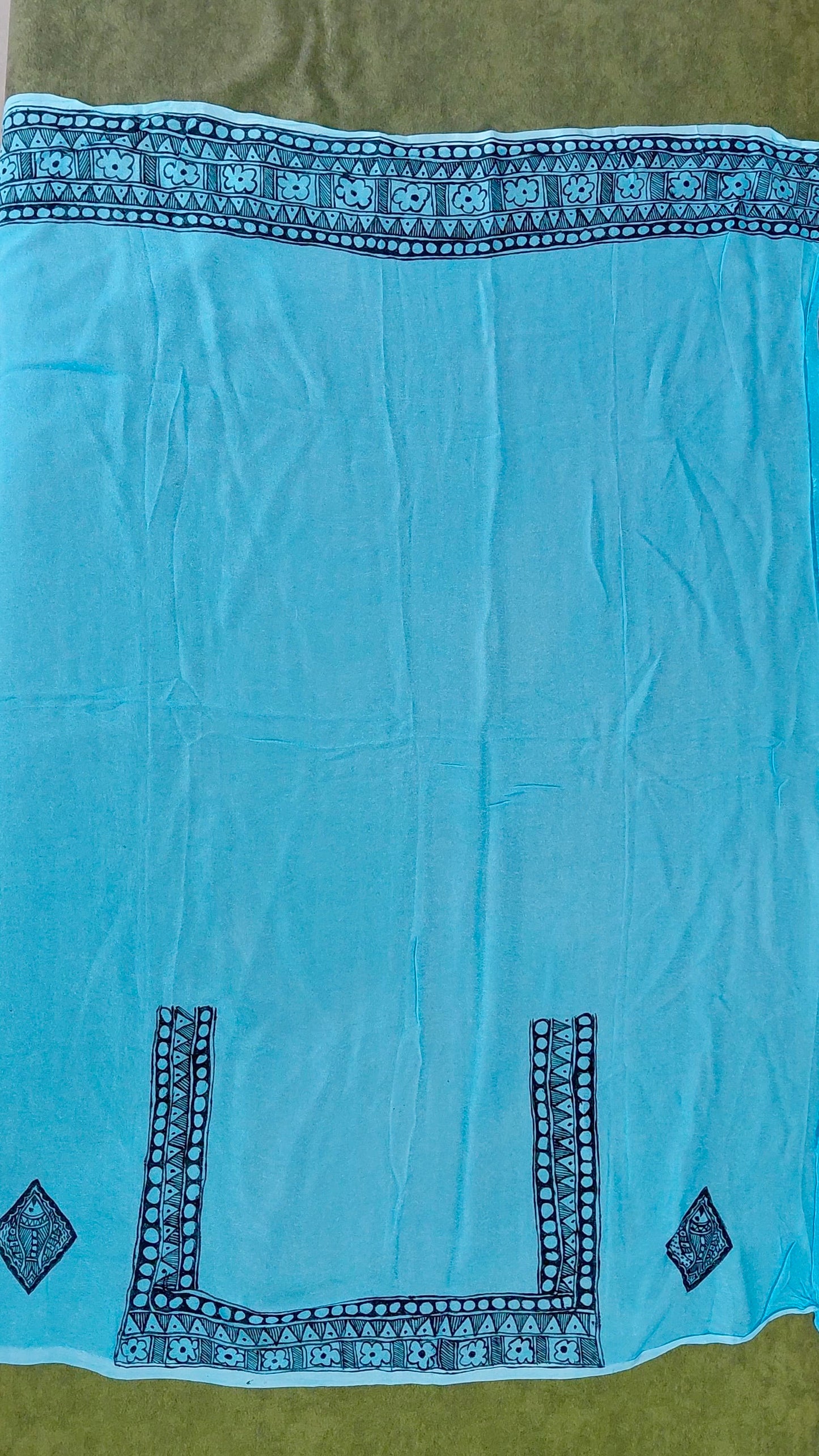 Sky Blue Ombre Pure Chiffon Silk Hand-Painted Madhubani Matsya Saree