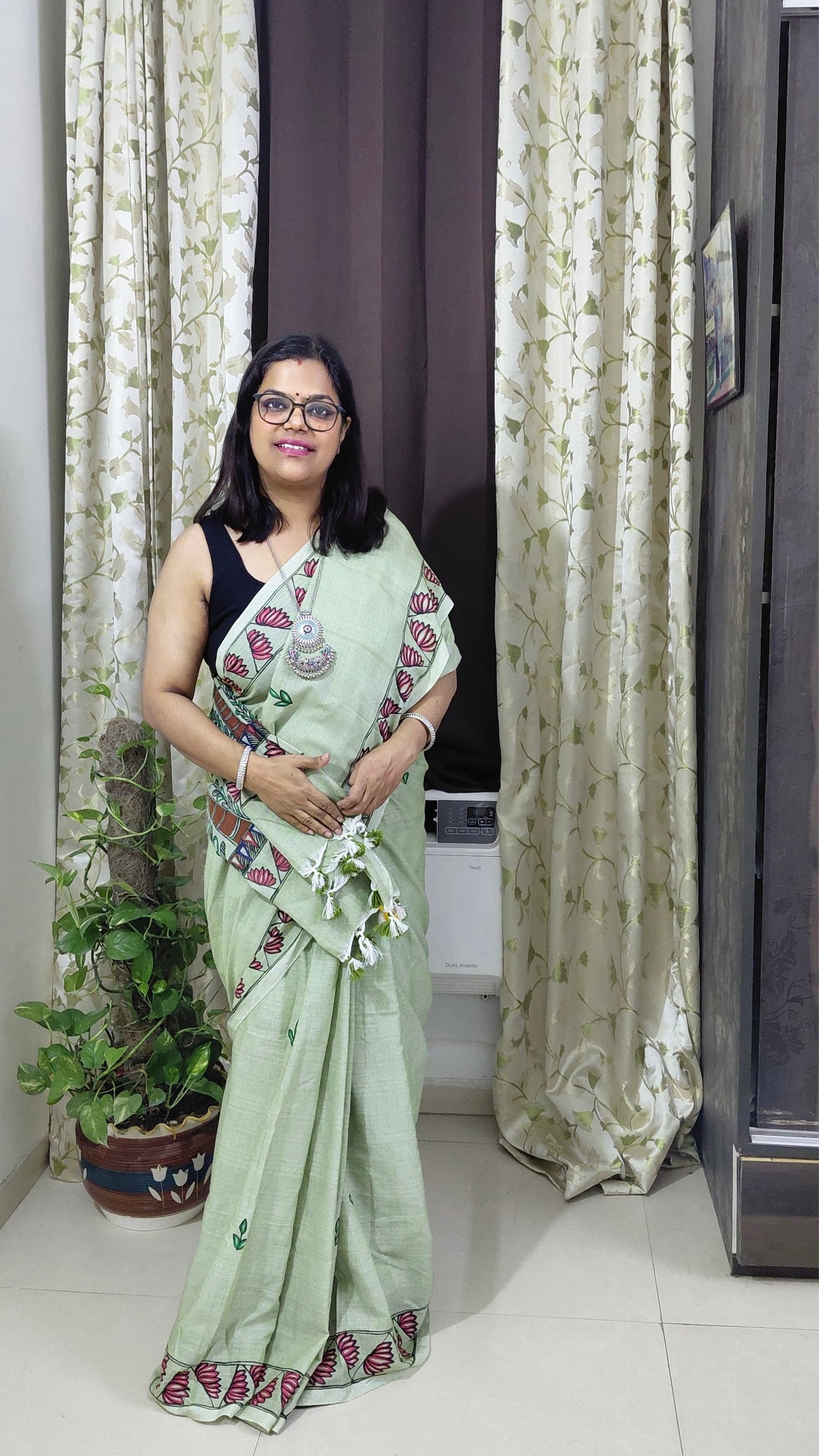 Sage Green Khadi Cotton Madhubani Hand-Painted Saree – Lord Ganesha