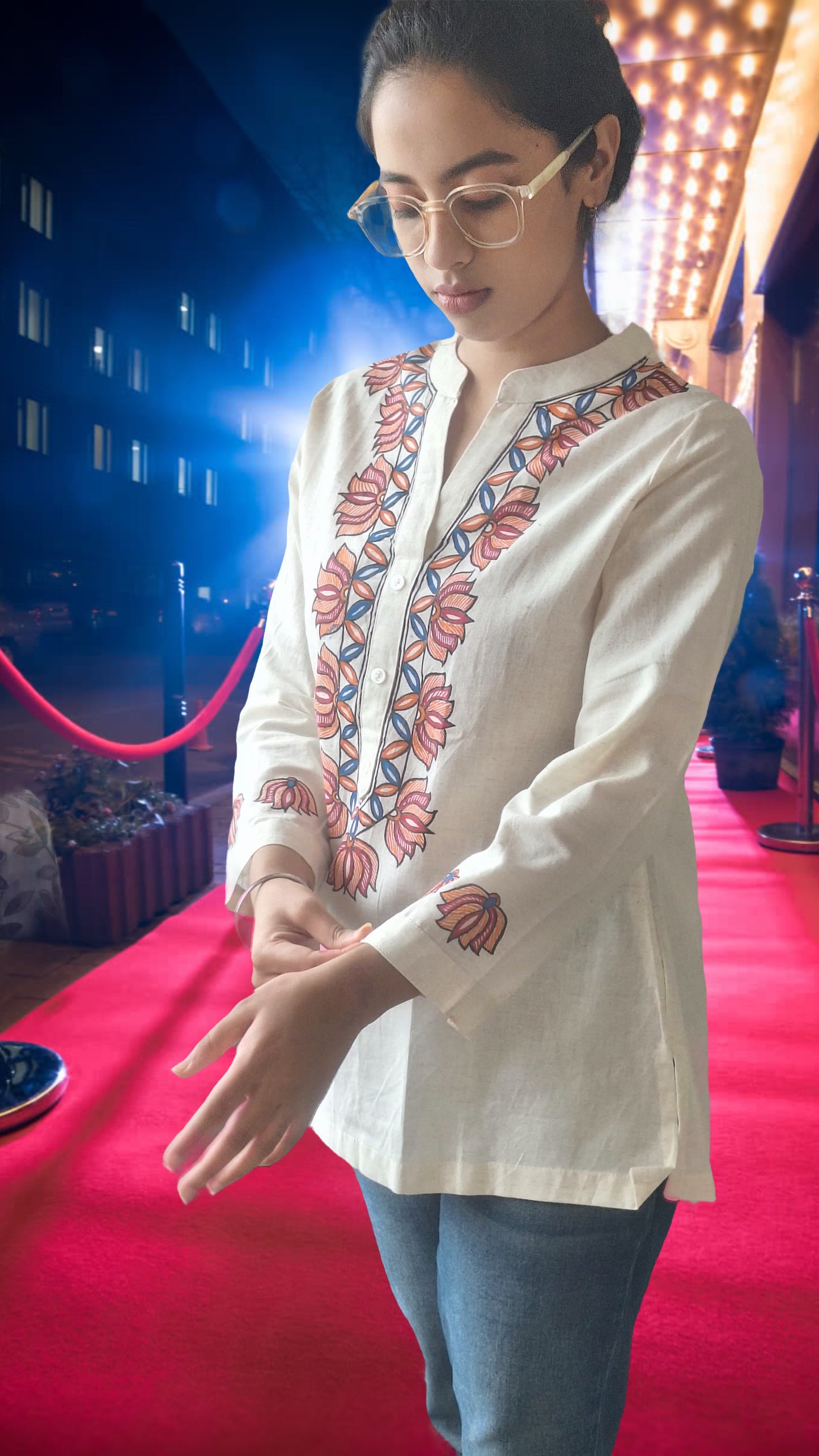 Ivory Pure Cotton Hand-Painted Madhubani Art Short Kurta