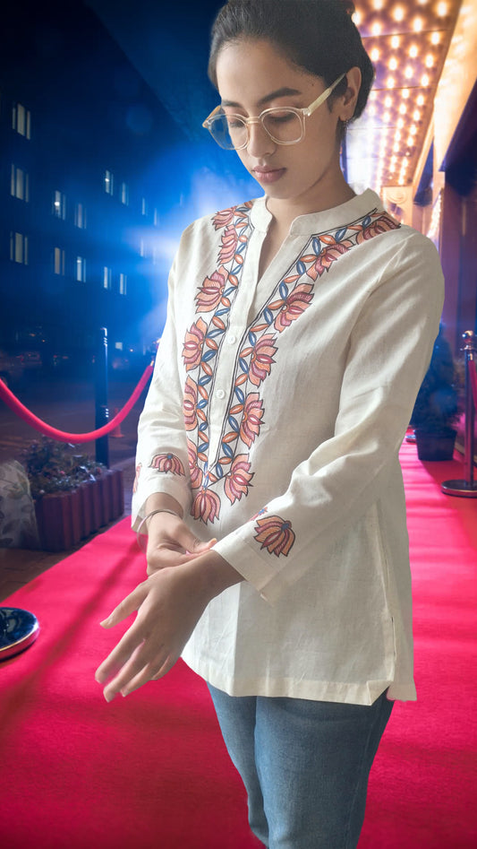 Ivory Pure Cotton Hand-Painted Madhubani Art Short Kurta