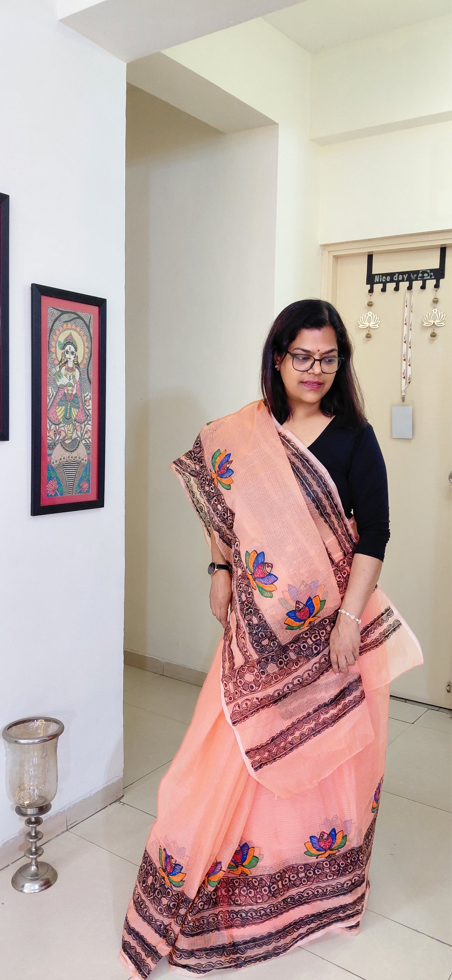 Blush Peach Lotus Bloom Madhubani Kota Doria Saree