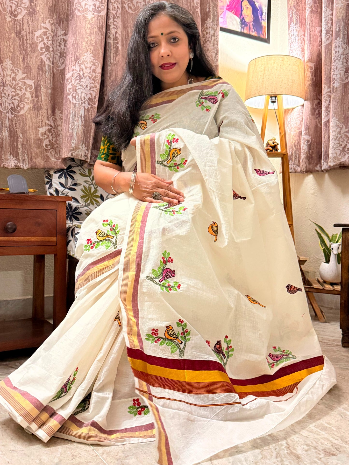 Sujni Art Embroidered Birds Kerala Cotton Saree | Rangika Studio