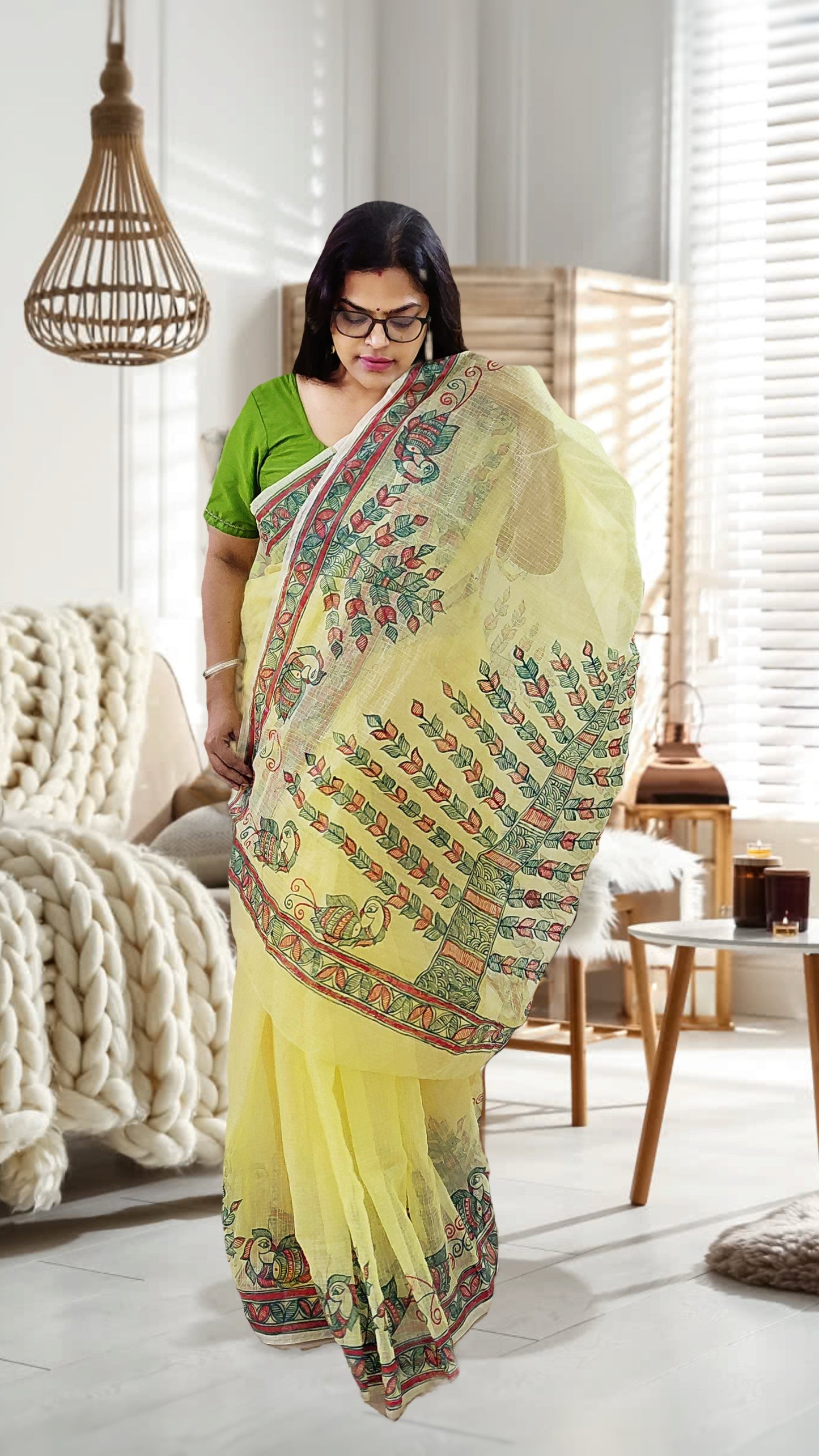 Lemon Yellow Tree of Life Madhubani Kota Doria Saree