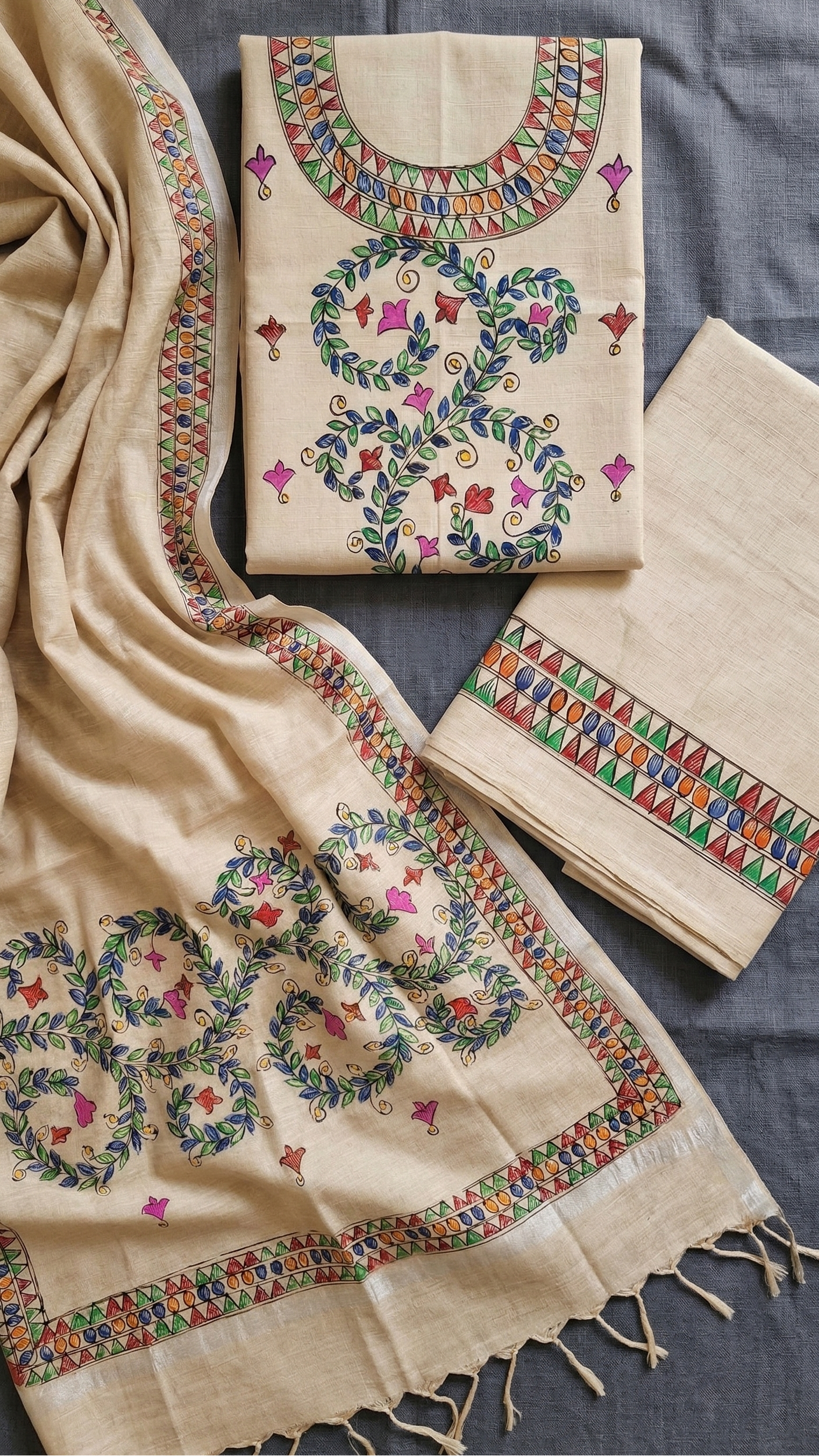 Beige Madhubani suit set flat lay with dupatta, kurta and bottom