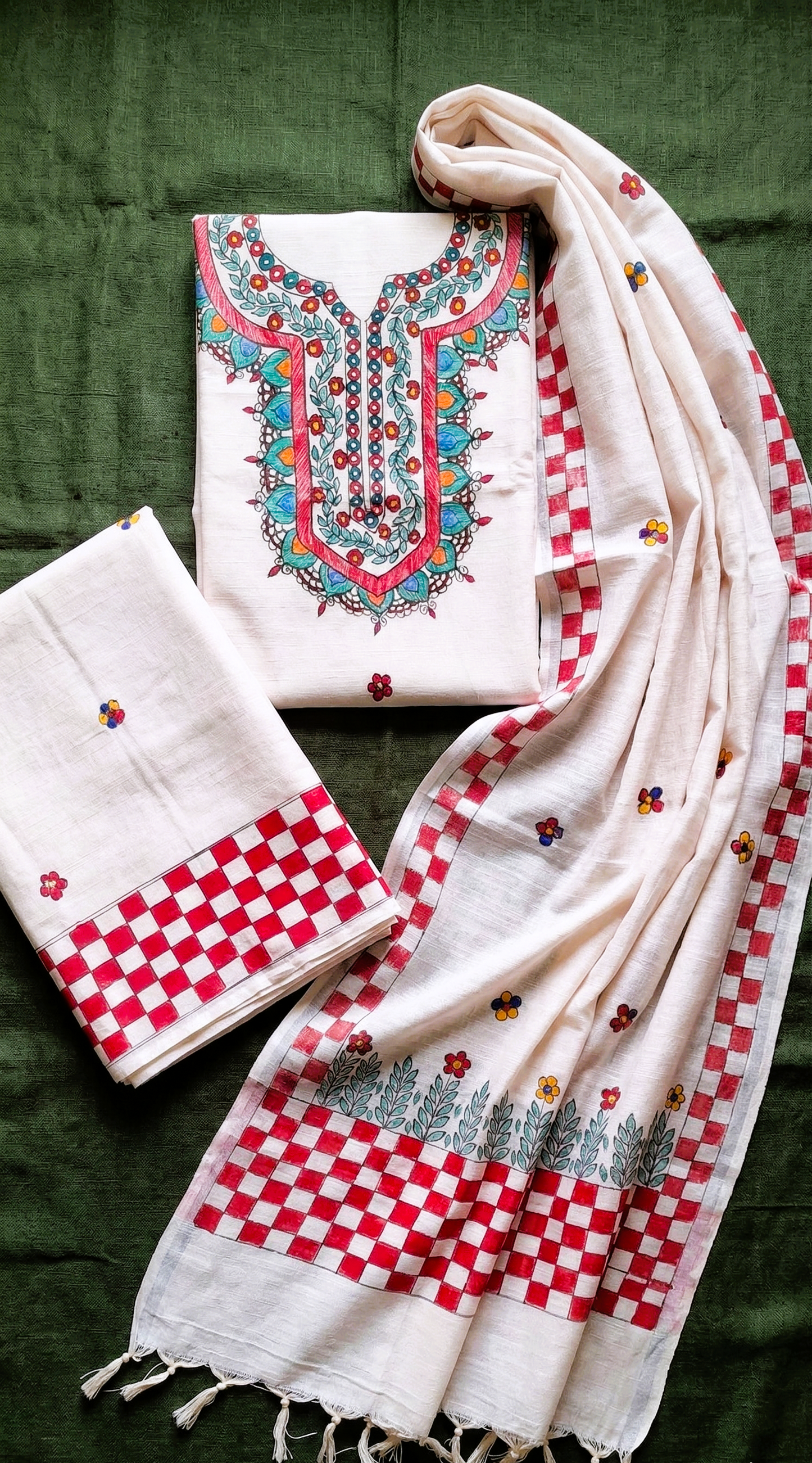 Hand-Painted Madhubani Cotton Suit Set – Ivory White & Red | 3-Piece Unstitched