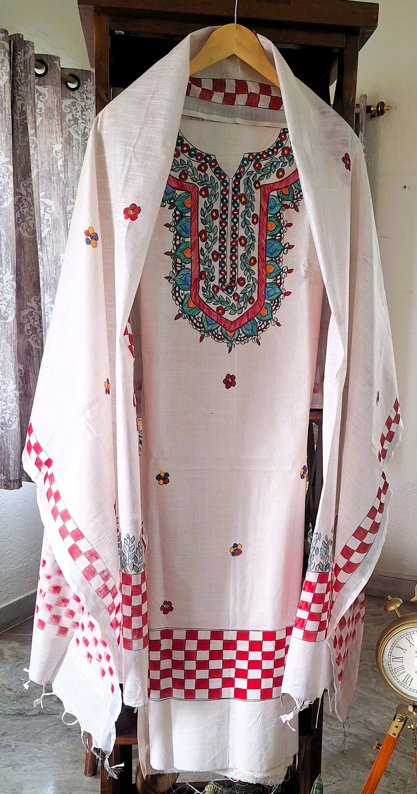 Hand-Painted Madhubani Cotton Suit Set – Ivory White & Red | 3-Piece Unstitched