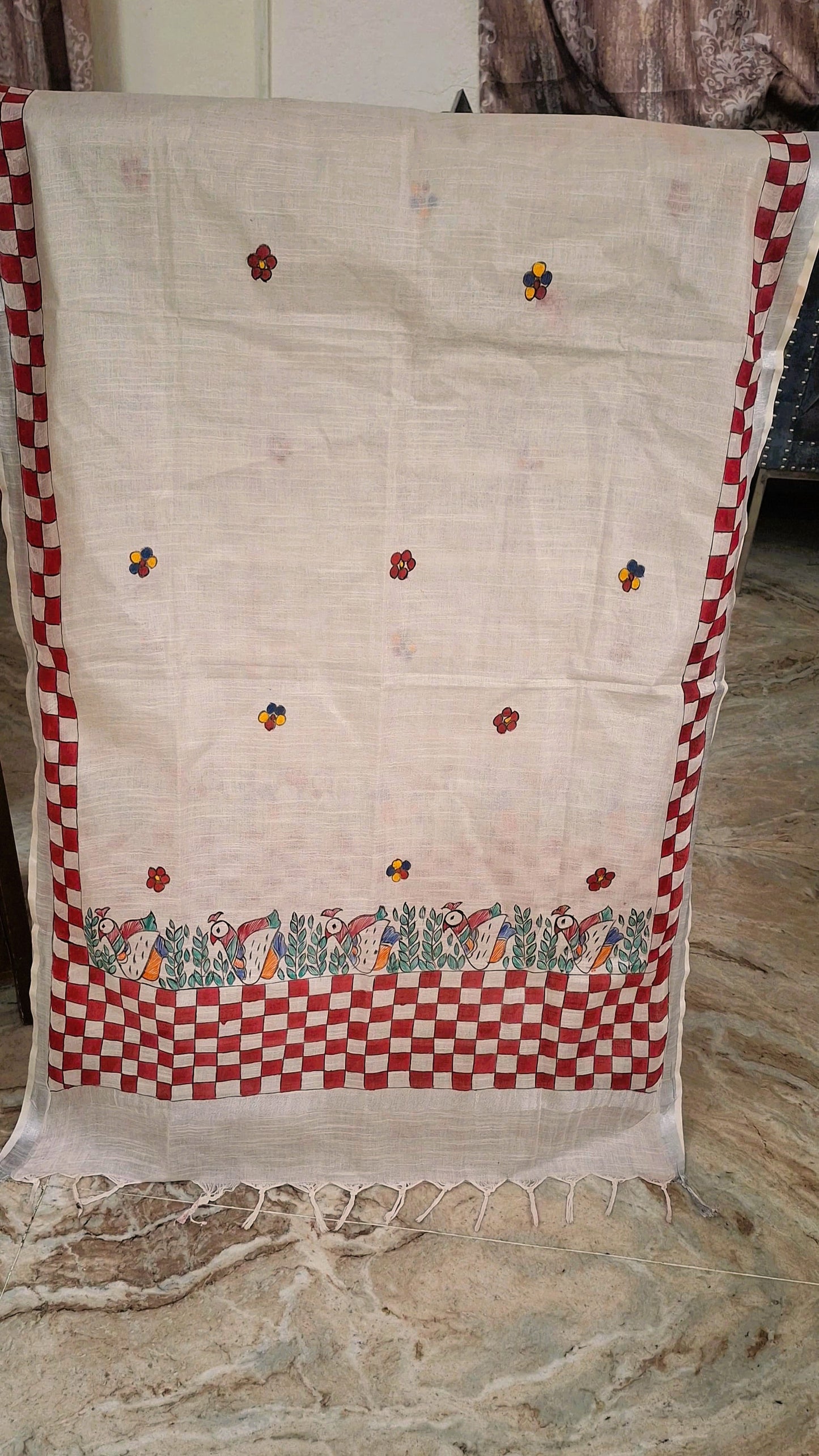 Hand-Painted Madhubani Cotton Suit Set – Ivory White & Red | 3-Piece Unstitched